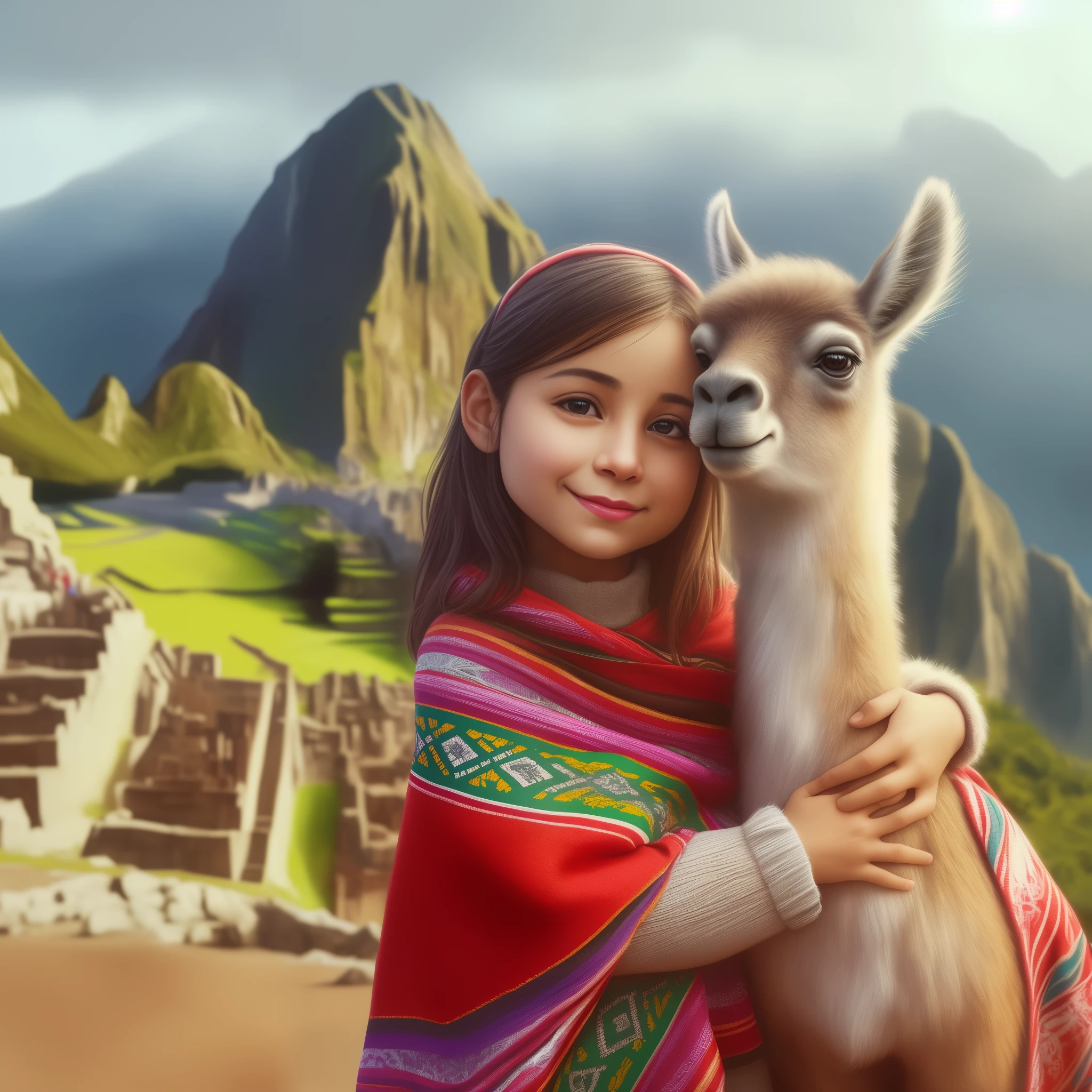 araffe with a girl wrapped in a blanket hugging a llama, Adorable pintura digital, fantasy matte painting,Lindo, Quechua!!, Atey Ghailan y Steve McCurry, Yet, Hermosa obra de arte digital, Quechua!, Yet style, Disney foto realista, Hermosa pintura digital, gorgeous digital painting, Disney fotorrealista, Impresionante foto arte conceptual real