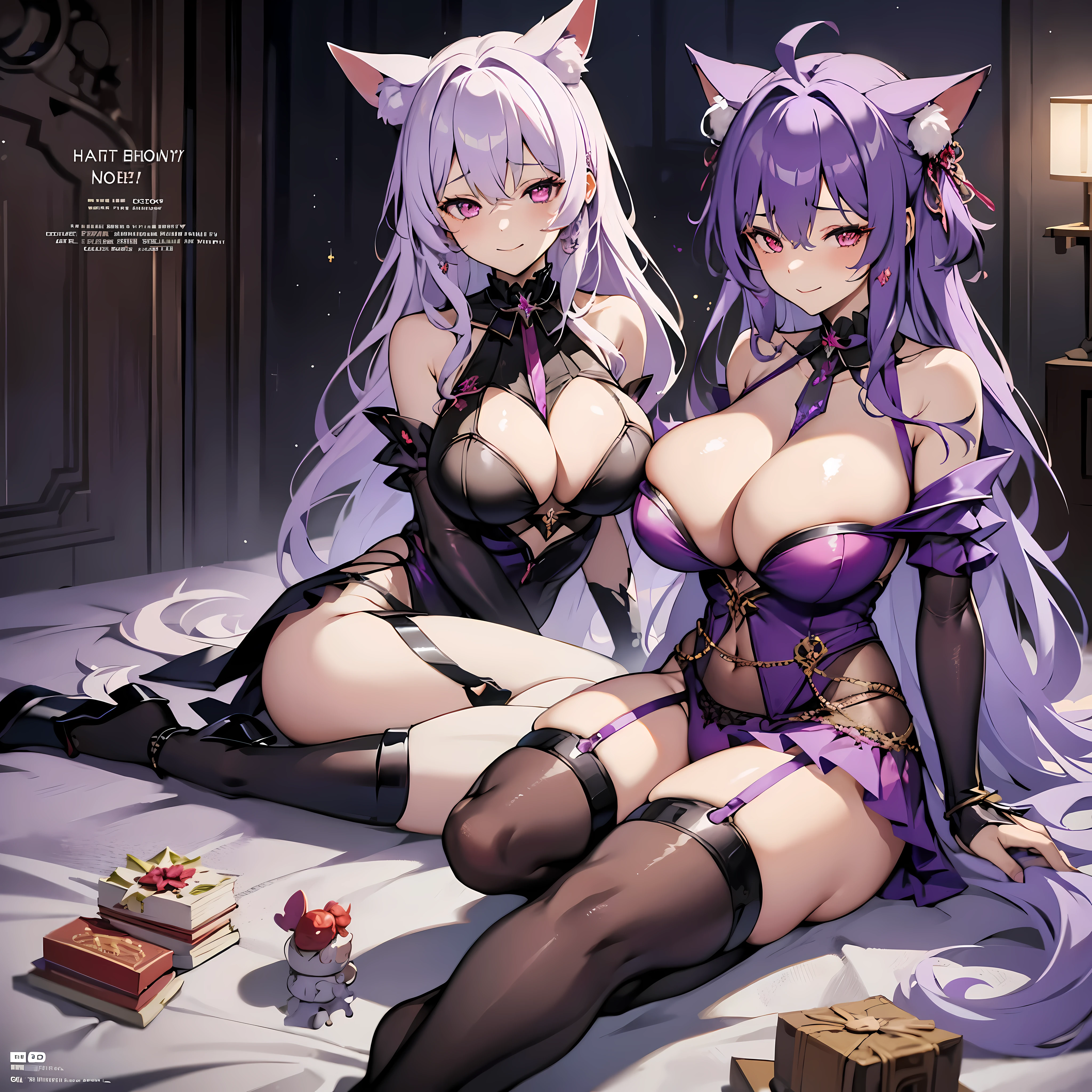 1Girl, red eyes, smile, Purple Hair, cat girl, birthday party, birthday cake, Happy Birthday text, huge breasts, cleavage, sideboob, huge butt, Purple fluffy tail, sexy, long tail, sexy dress, waruochi, japanese clothes, concept, concept dress, ribbon on the chest, "Happy Birthday Yuel" text on cake, purple hair, purple hair, curtained hair, bangs, medium hair, fox ears, smile, anime, Wide-Angle, ray tracing, bloom, depth of field, anime style, anime, ((masterpiece)), 8K, highres, ((best quality)), super detail, award winning, anatomically correct