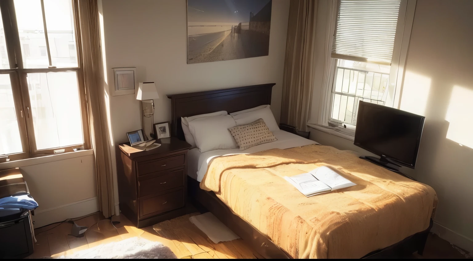 (best quality,highres,realistic:1.37), detailed colorful photo, a messy single bedroom, sunlight streaming in, a guy's room, a single bed, a desk, a TV, a wardrobe, Sunday morning, warm sunlight, a calm and peaceful atmosphere, morning view.