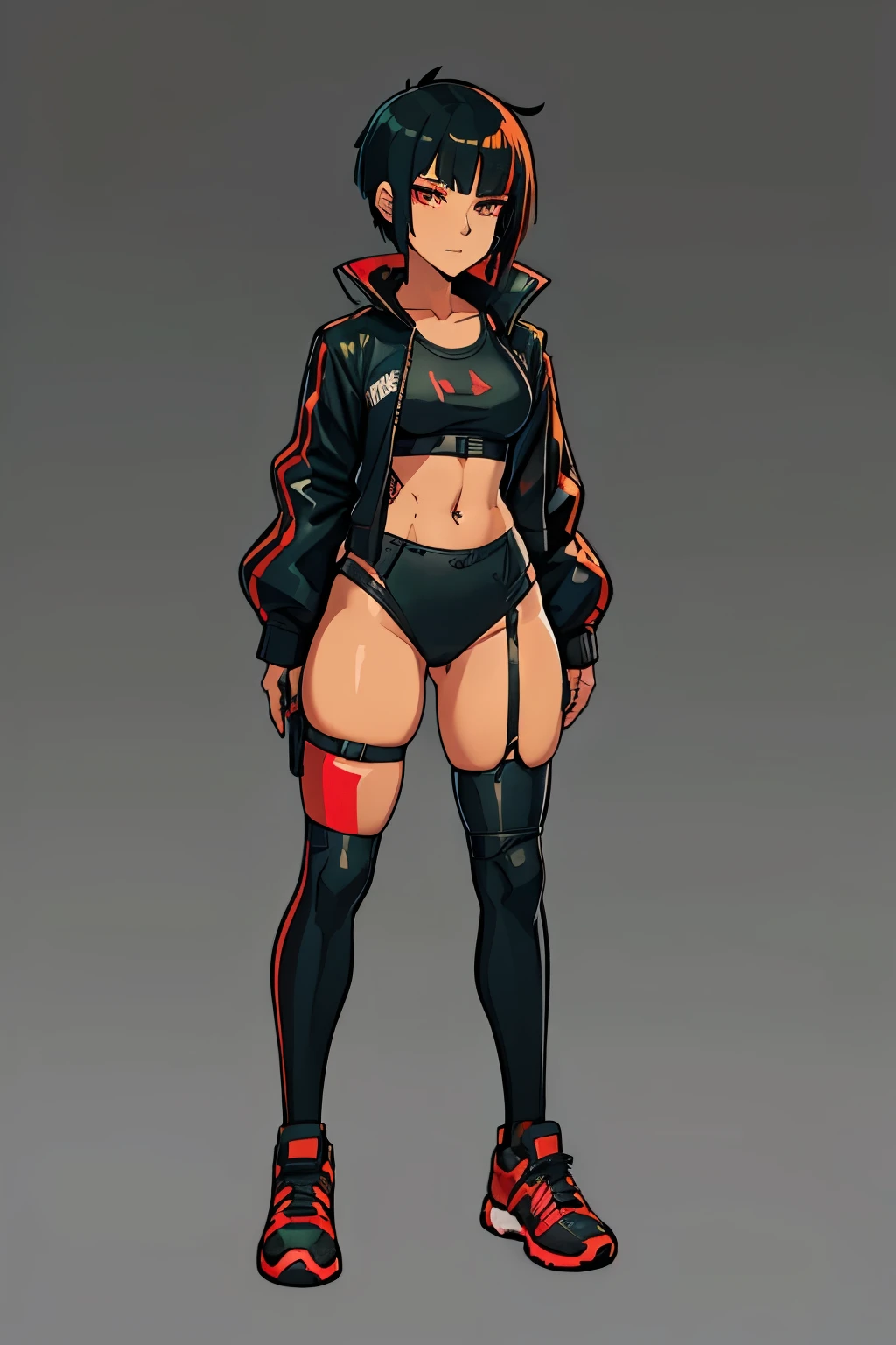 Cyberpunk themed sexy anime girl, she's wearing a black jacket with red accents on it with a black bra underneath, she has a perfect body, her eyes are green, her hair is green and black, she is holding her hair as well, and she is short bob cut hair, she is wearing stockings and Adidas shoes, she is also standing up showing her full body
