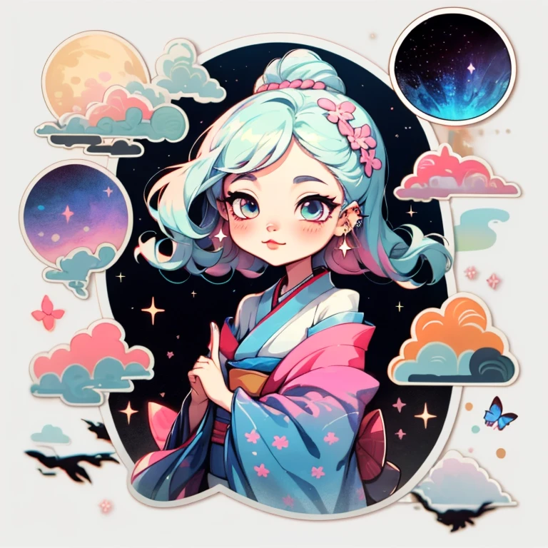 1 sticker, sticker, nikkaze, (cute girl), (gorgeous kimono), (gorgeous hair accessory), (Japanese traditional hairstyle), cherry blossoms, mountains, clouds, behind is a huge round moon, stars, white background, no background, simple background, minimal, cute, tiny, pastel color, vector style, no gradient, platinum white hair with blue streaks, glittery skin, piercings on lip and nose, seven color aura, milky way aura, Masterpiece, best quality, super high resolution, fluorescent color, full body high detail illustration drawing highest quality lovely colors that pop and dim lights smokey haze long hair strangs floating airy fluffy hair
1 girl, looking at the audience, beautiful face, beautiful eyes, (off-the-shoulder: 1.2), head up, upper body, forest, shiny hair, shiny skin, glowing cut, chibi, finger scale coordination, black starlight dress, particles, glowing butterflies, stars and sparkles