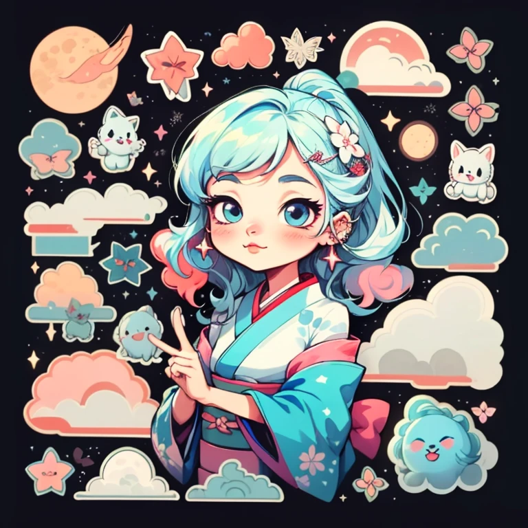 1 sticker, sticker, nikkaze, (cute girl), (gorgeous kimono), (gorgeous hair accessory), (Japanese traditional hairstyle), cherry blossoms, mountains, clouds, behind is a huge round moon, stars, white background, no background, simple background, minimal, cute, tiny, pastel color, vector style, no gradient, platinum white hair with blue streaks, glittery skin, piercings on lip and nose, seven color aura, milky way aura, Masterpiece, best quality, super high resolution, fluorescent color, full body high detail illustration drawing highest quality lovely colors that pop and dim lights smokey haze long hair strangs floating airy fluffy hair
1 girl, looking at the audience, beautiful face, beautiful eyes, (off-the-shoulder: 1.2), head up, upper body, forest, shiny hair, shiny skin, glowing cut, chibi, finger scale coordination, black starlight dress, particles, glowing butterflies, stars and sparkles