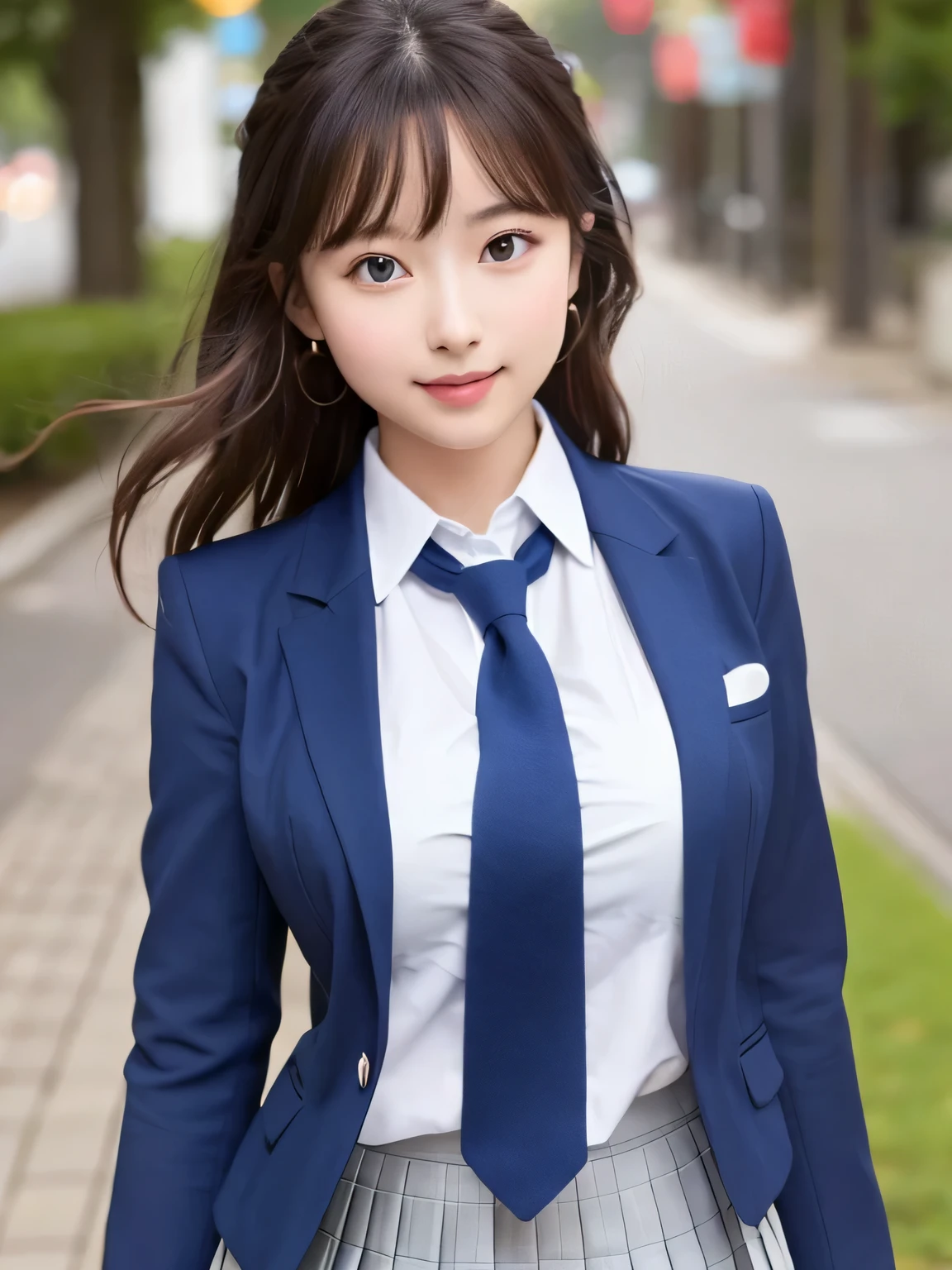 8K, Best Quality, real picture, Intricate details, ultra-detailliert, 超A high resolution, Depth Field,(Photorealistic,Realistic:1.2),masutepiece , straight-on shot , from miiddle ,
1girl in, AI_chan, an extremely beautiful 17-year-old girl, Beautiful breasts with big innocent eyes:1.5、ultra-detailliertな目:1.2)、(Beautiful breasts:1.1)、hair wavy、curlyhair、skin without bangs, Fair skin, Huge breasts, cleavage, Narrow waist, Light blush, Solo, Looking at Viewer, lightsmile,
 ((School_uniform),(Dark blue blazer),  (white  shirt、Wearing a tie), (Grey pleated skirt), 
(Gravure Pose :1.1)