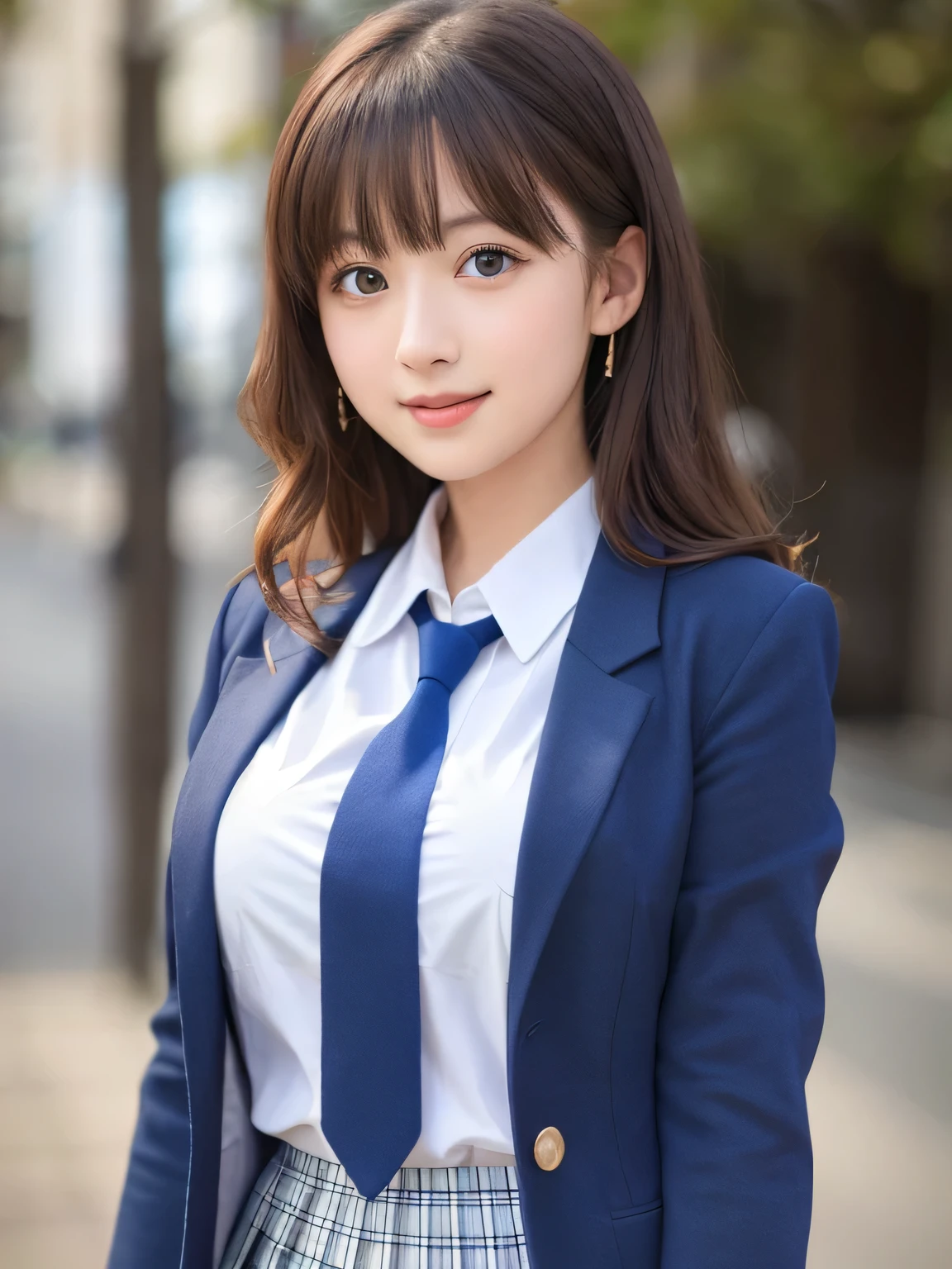8K, Best Quality, real picture, Intricate details, ultra-detailliert, 超A high resolution, Depth Field,(Photorealistic,Realistic:1.2),masutepiece , straight-on shot , from miiddle ,
1girl in, AI_chan, an extremely beautiful 17-year-old girl, Beautiful breasts with big innocent eyes:1.5、ultra-detailliertな目:1.2)、(Beautiful breasts:1.1)、hair wavy、curlyhair、skin without bangs, Fair skin, Huge breasts, cleavage, Narrow waist, Light blush, Solo, Looking at Viewer, lightsmile,
 ((School_uniform),(Dark blue blazer),  (white  shirt、Wearing a tie), (Grey pleated skirt), 
(Gravure Pose :1.1)