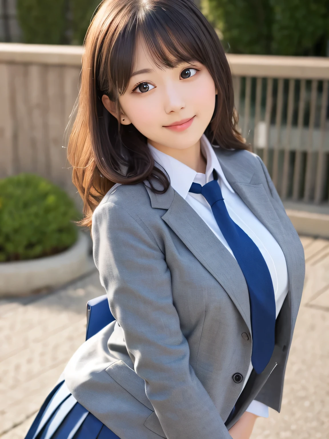 8K, Best Quality, real picture, Intricate details, ultra-detailliert, 超A high resolution, Depth Field,(Photorealistic,Realistic:1.2),masutepiece , straight-on shot , from miiddle ,
1girl in, AI_chan, an extremely beautiful , Beautiful breasts with big innocent eyes:1.5、ultra-detailliertな目:1.2)、(Beautiful breasts:1.1)、hair wavy、curlyhair、skin without bangs, Fair skin, Huge breasts, cleavage, Narrow waist, Light blush, Solo, Looking at Viewer, lightsmile,
 ((School_uniform),(Dark blue blazer),  (white  shirt、Wearing a tie), (Grey pleated skirt), 
(Gravure Pose :1.1)