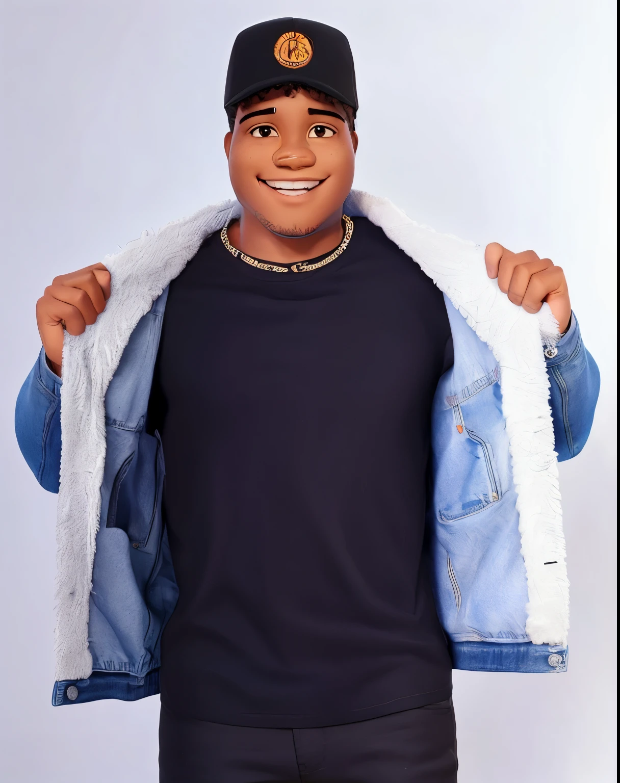 An Afro-descendant man in a black t-shirt cap with a denim jacket, with open arms and smiling