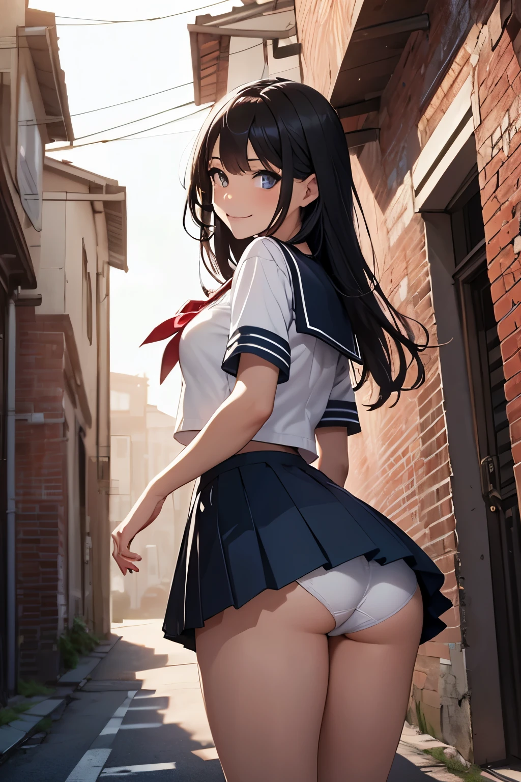 very cute and beautiful girl,(highly detailed beautiful face and eyes:1.2),
(smile),black hair,sailor school uniform,(navy blue pleated mini skirt),cowboy shot,(from below),white panties,
looking back,from behind,leaning forward,dynamic angle,looking at viewer,
back alley,brick wall of building,
(best quality,masterpiece:1.2),intricate details,extremely detailed,highres,solo,
cinematic lighting,