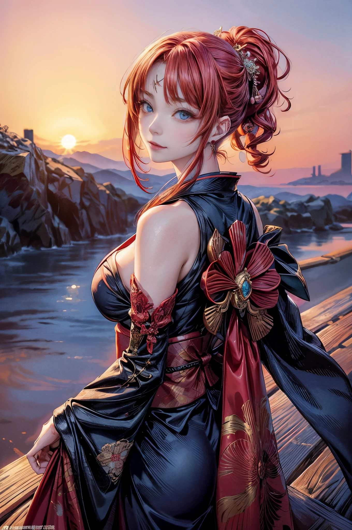 Cinematic lighting、16k picture quality、highlydetailed skin、masutepiece,1girl in, Solo、Best Quality,cyberpunked,(1beautiful woman、Detailed beautiful facial features:1.3)(Red color medium bob hair、Long bangs:1.3)(well-shaped breasts:1.3)Blue eyes that are about to leak, Beautiful and glamorous Japanese kimono、Shoulders exposed、Japanese kimono beauty、KIMONO、（Shoulders exposed、Red-haired:1.2）（A smile、facing back:1.3）first sunrise in japan（Watch the first sunrise of the year at a fantastic location in Japan:1.2）（rays of sunshine、sea of clouds:1.2）