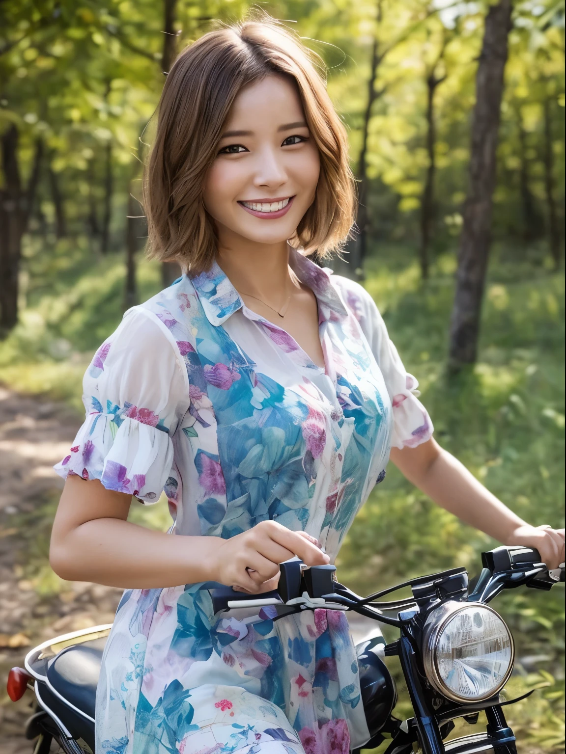 (top-quality、8K、32K、​masterpiece、nffsw:1.3)、Attractive Japanese Woman Pictures、*** 1 人、abdominals、the perfect body、(Transparent shirt:1.1)、hyperdetailed face、Detailed lips like eyes、二重まぶた、A smile、motor cycle