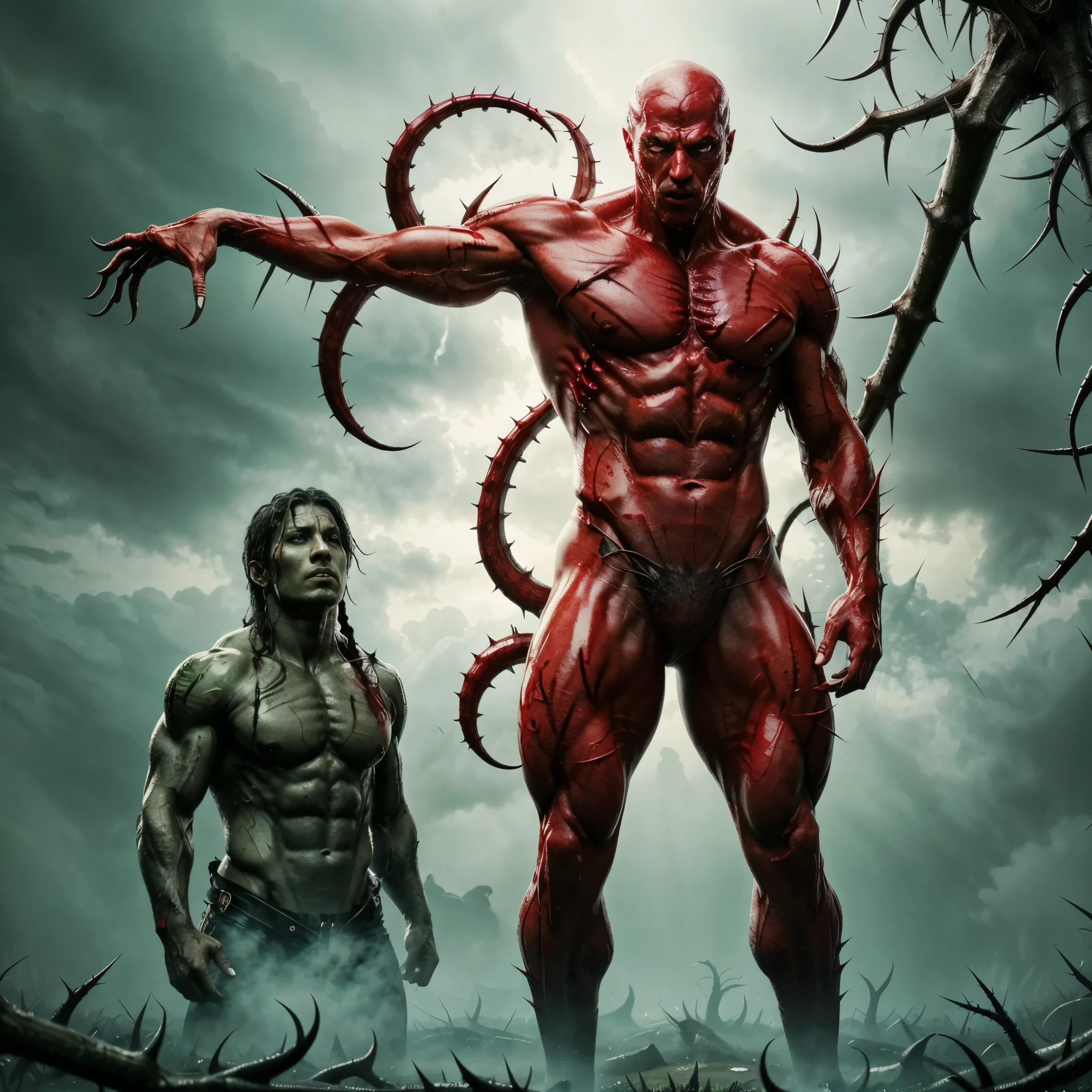 Full body、raising one arm、hang with one arm、Full of thorns all over the body、always bloody、Bloody、Bloody、Top image quality、masterpiece、8K、kook、Strongest、Atrocious、The Monster、killer ghost、body full of thorns、musculature、tentacles from hands、The Monster、Tentacles from the crotch、Tentacles grow