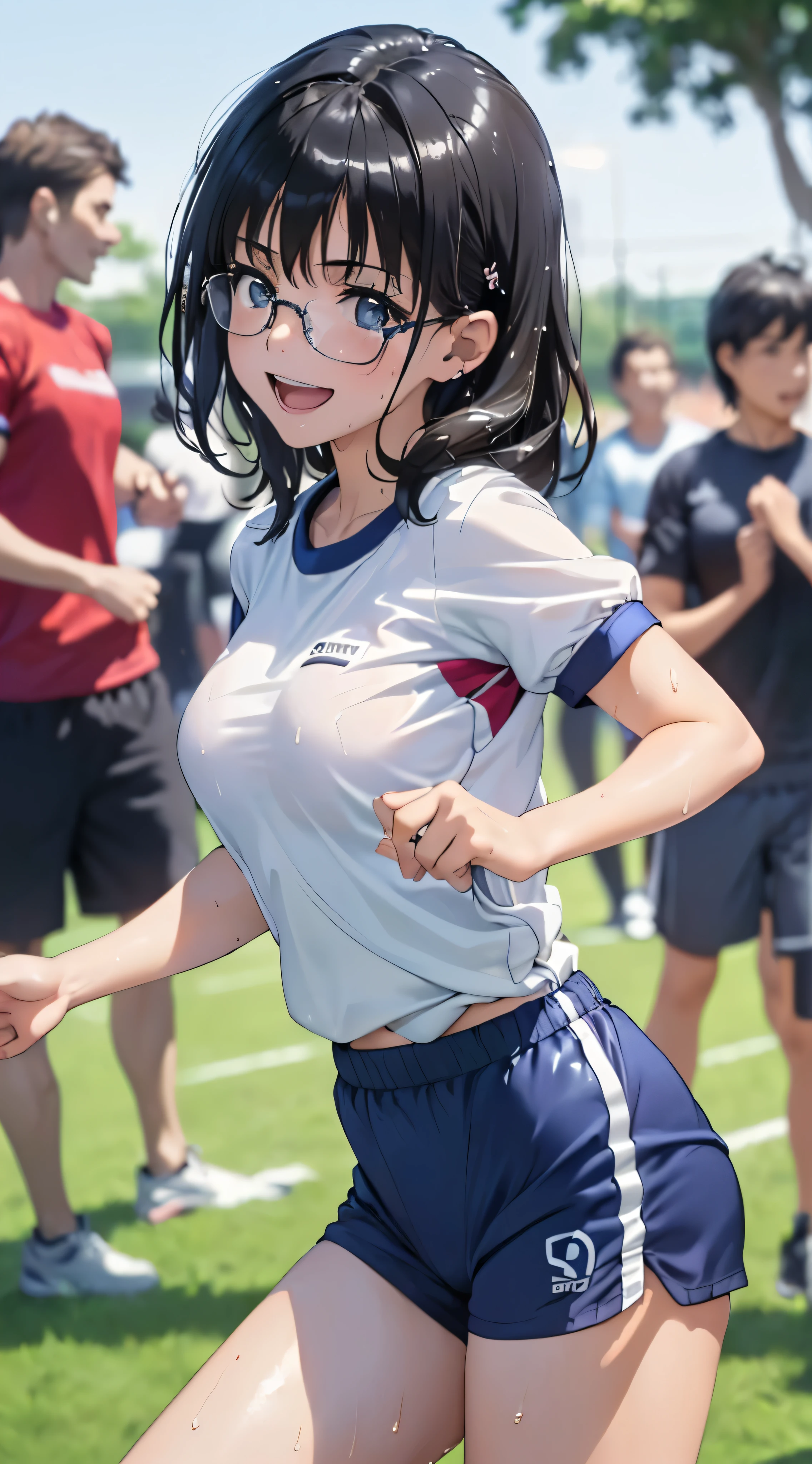 1womanl,Black hair, beautiful breasts,(((Sexy white and blue shiny short sleeve gym clothes and shorts、Smile with open mouth)),(((Satin Narico))),((( portlate))),Crowds,Shiny white short-sleeved gym uniform and blue pants,Wet with sweat,((athletic field)),((see -through)),outside of house,(((clothes shiny))),eye glasses