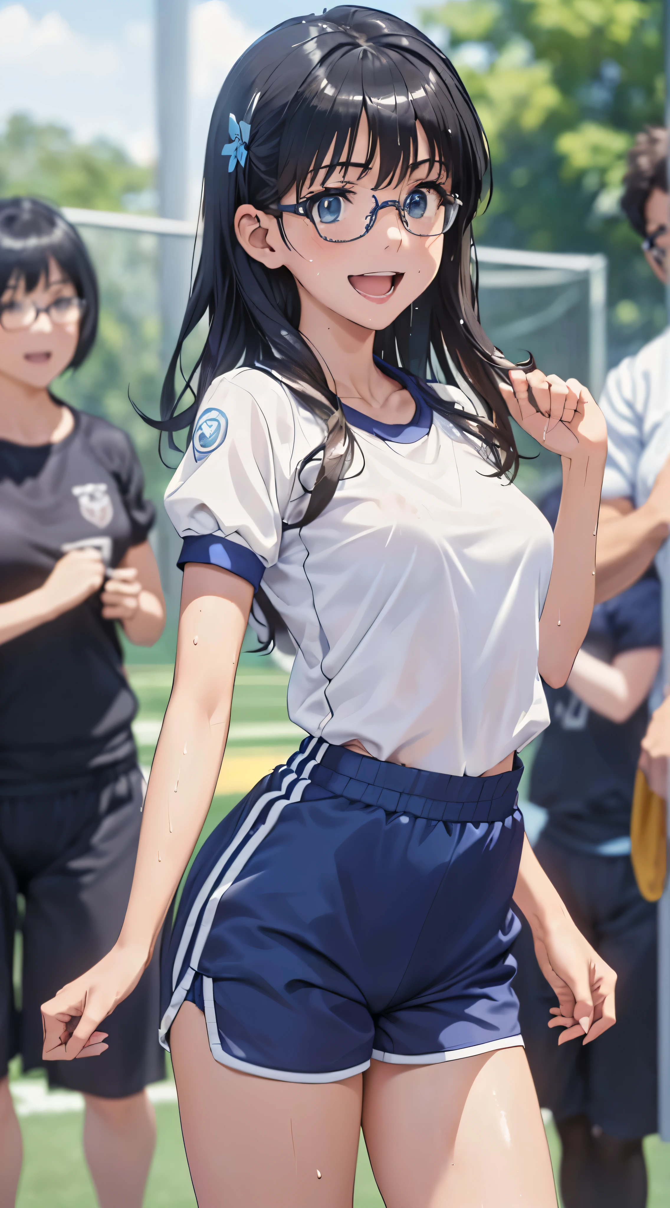 1womanl,Black hair,14 year old beautiful breasts,(((Sexy white and blue shiny short sleeve gym clothes and shorts、Smile with open mouth)),(((Satin Narico))),((( portlate))),Crowds,Shiny white short-sleeved gym uniform and blue pants,Wet with sweat,((athletic field)),((see -through)),outside of house,(((clothes shiny))),eye glasses