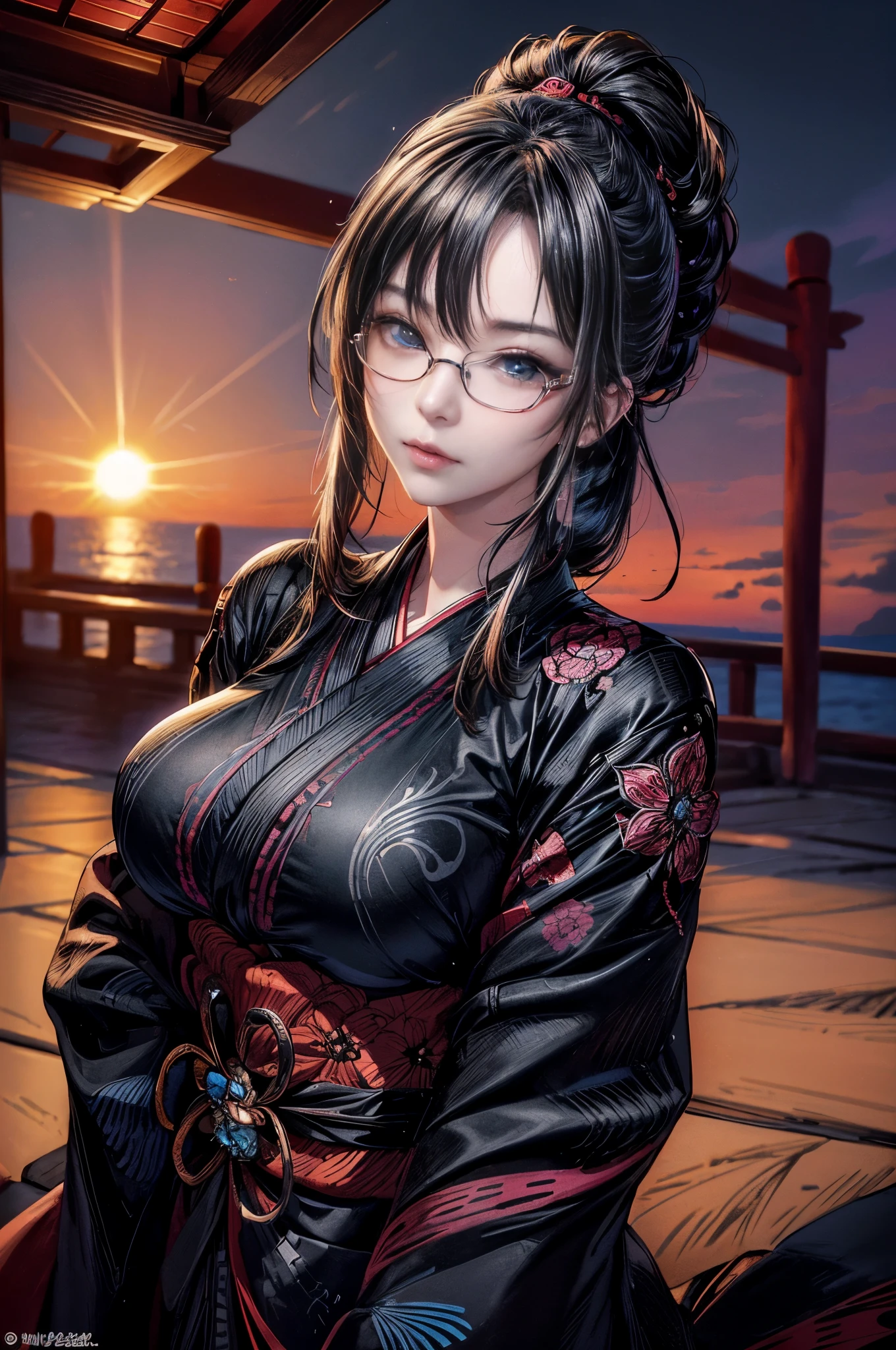 Cinematic lighting、16k picture quality、highlydetailed skin、masutepiece,1girl in, Solo、Best Quality,cyberpunked,(1beautiful woman、Detailed beautiful facial features:1.3)(Hairstyles that go well with black colored kimonoancy glasses:1.3)(well-shaped breasts:1.3)Blue eyes that are about to leak, Beautiful glossy Japanese black kimono、Japanese flashy black kimono beauty、KIMONO、(A slight smil、Turn around:1.3)first sunrise in japan(Watch the first sunrise of the year at a fantastic location in Japan:1.2)(rays of sunshine、sea of clouds:1.2)(have a prize、New year feeling)
