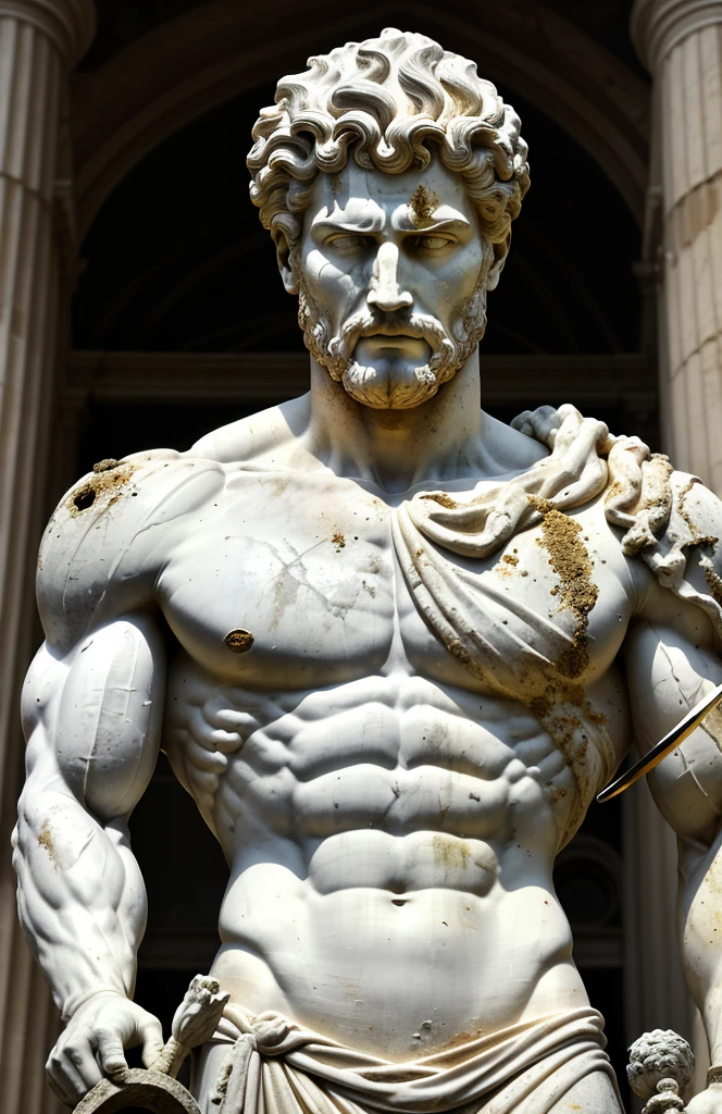 Extreme close-up of A hyper-realistic marble statue of a muscular handsome Roman god man holding a sword rotting, very old, ancient dust, and his facial expressions betray deep sadness and overthinking. Against the background of Roman columns, petrified birds, ashes on the ground withered and rotting, the colors are muted and faded, to emphasize the seriousness of the scene.