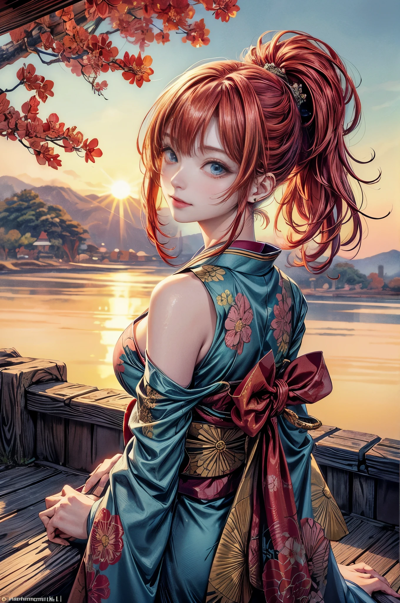 Cinematic lighting、16k picture quality、highlydetailed skin、masutepiece,1girl in, Solo、Best Quality,cyberpunked,(1beautiful woman、Detailed beautiful facial features:1.3)(Red color medium bob hair、Long bangs:1.3)(well-shaped breasts:1.3)Blue eyes that are about to leak, Beautiful and glamorous Japanese kimono、Shoulders exposed、Japanese kimono beauty、KIMONO、(Shoulders exposed、Red-haired:1.2)(A smile、facing back:1.3)first sunrise in japan(Watch the first sunrise of the year at a fantastic location in Japan:1.2)(rays of sunshine、sea of clouds:1.2)(have a hammer arrow、New year feeling)