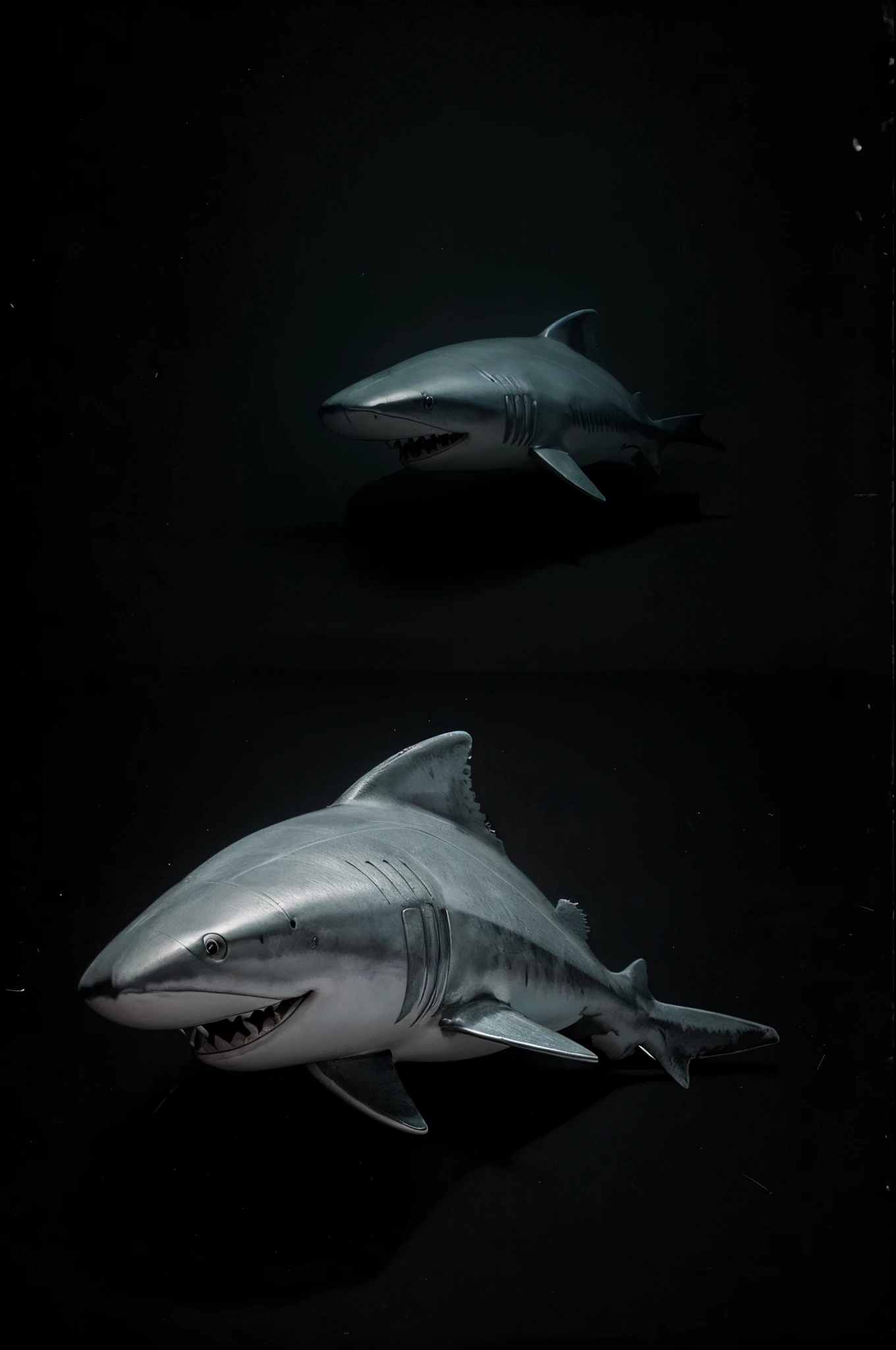 Imagine Prompt: Shark illustration for sticker on black background, Estilo de contorno en negrita, dentado, Trashcore, Sombreado claro