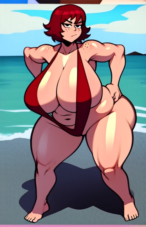 DeviantArt, 2016, 1girl, Kim Pine, red hair, huge breasts, muscular arms, chubby, belly fat, wide hips, red sling bikini, freckles on legs and breasts, sunny day, beach, perfectly drawn, no mistakes