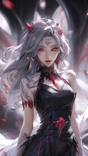 best quality, 1girl, solo, long hair, black dress, looking at viewer, upper body, gray hair, roses in hair, blood red eyes, stretcher missing