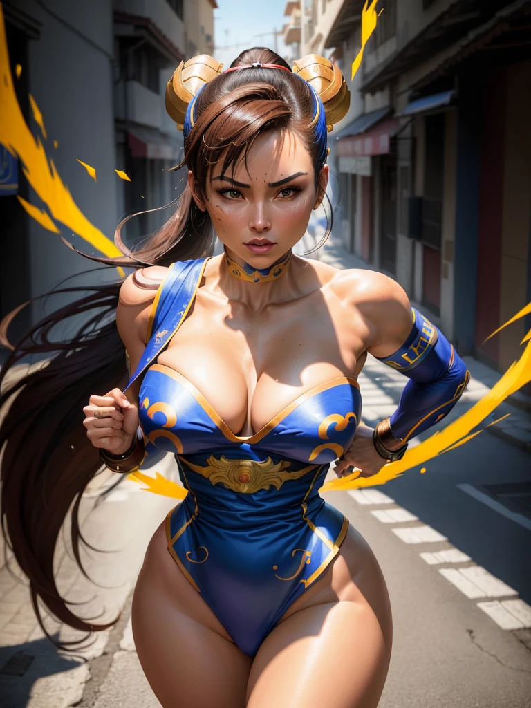 ((Mujer basada en el personaje Chun Li)), pechos grandes, caderas medianas, ((ultra realista)), TM Ninja Blanco, Iconos, colores vibrantes, Estilo vectorial, arte digital, 4k, Detalles intrincados, Hipnotizante, Hecho profesionalmente, Beautiful vector illustration, 12K Resolution, ....3D, Todos los personajes detallados en longitud completa, ((Altamente detallado)), ((vibrante)),((Calidad ultra alta)), ((hiperrealismo)), ((fotorrealismo)), [Representation of Octan] , en la ciudad, muchos coches (realista)