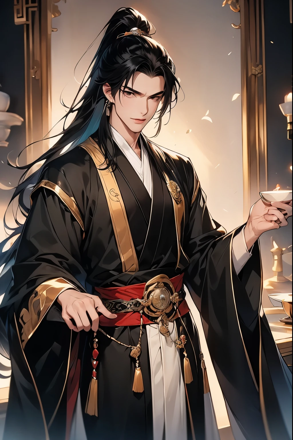 Best quality,A high resolution,The image is clear:1.2,A man in a black Hanfu,Bad smile Hanfu,the only person,,Long black hair and high ponytail,Ancient Chinese Chamber,Restaurants,
