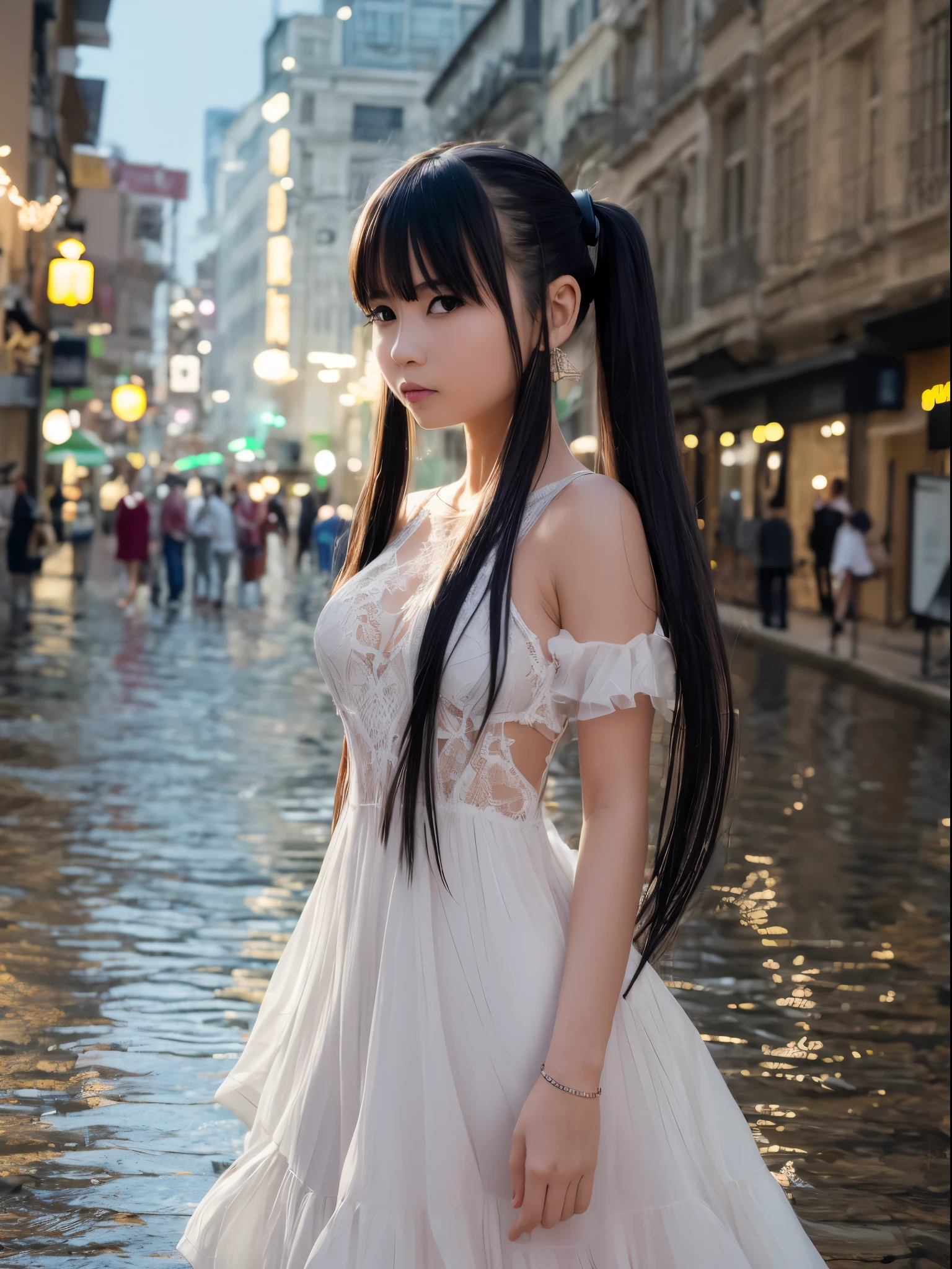 mix4, 1girl, cute, young, slender, petite,
white long lace dress, 
((arms crossed)), turning away,
mouth open slightly, black hair, ((twintail)), floating hair,
angry, annoyed, complaining, blaming, upset, disgusted, frowning, scorning,
cityscape, raining, wet, drizzling, raindrops, windy, 
portrait photo, shot on iphone,
professional lighting, photon mapping, radiosity, physically-based rendering,
(8k, RAW photo, best quality, masterpiece:1.2), (realistic, photo-realistic:1.37),