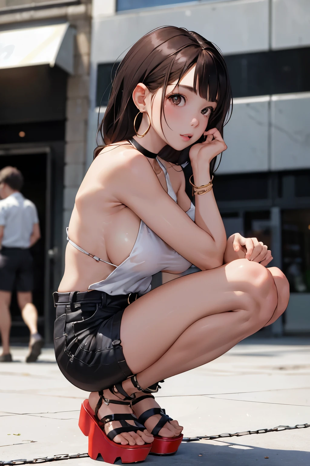 masterpiece, best quality,1girl,young girl,brown eyes,long hair,mesugaki smile,shiny skin,(nice leg line:1.3),thick thighs,thin waist,huge breasts
BREAK
, Black_bodysuit, high-waisted_shorts, platform_sandals, chain_choker_necklace, hoop_earrings,
BREAK
, Department_store,,crowd,depth of field,looking at viewer,squatting,from side,upper body,legsupsexms