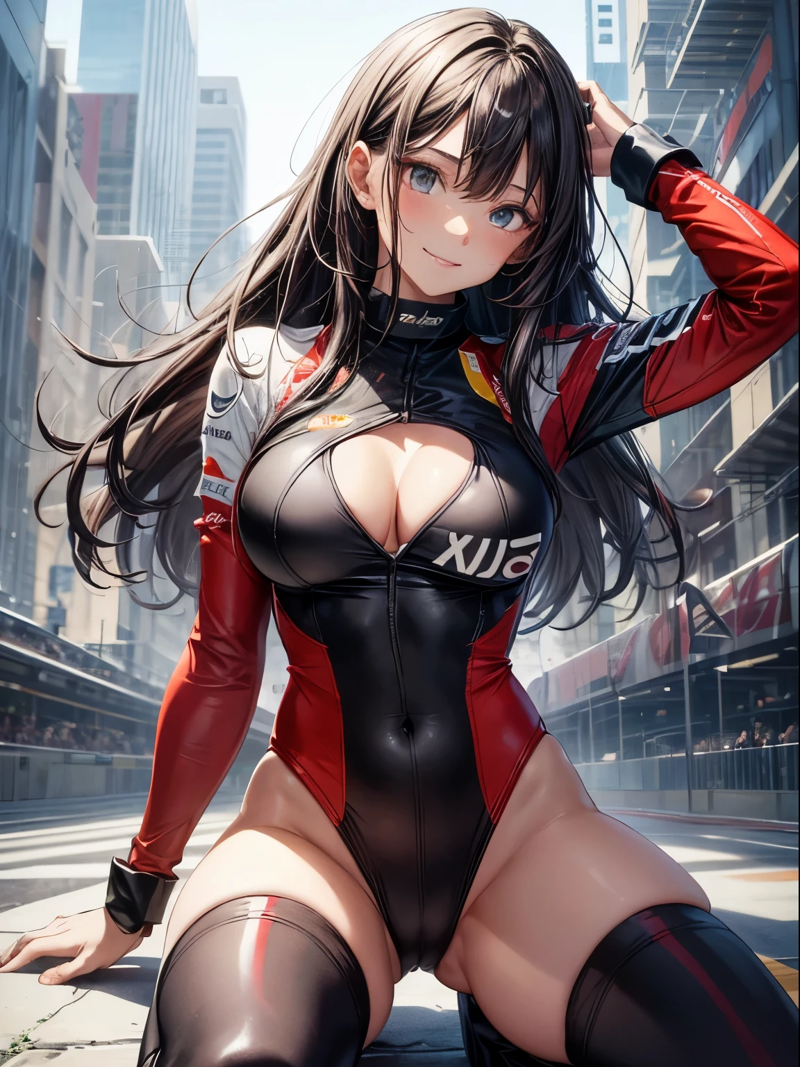 top-quality、Full limbs、complete fingers、((one beautiful women))、Beautiful busty woman、Women with straight hair、Woman with dark hair、A big smile、Race Queen Costume、Woman wearing red and black leotard with logo、Red Arm Cover、A woman wearing long black boots、Formula 1、F1 race、racing car、Naughty Poses、all-fours