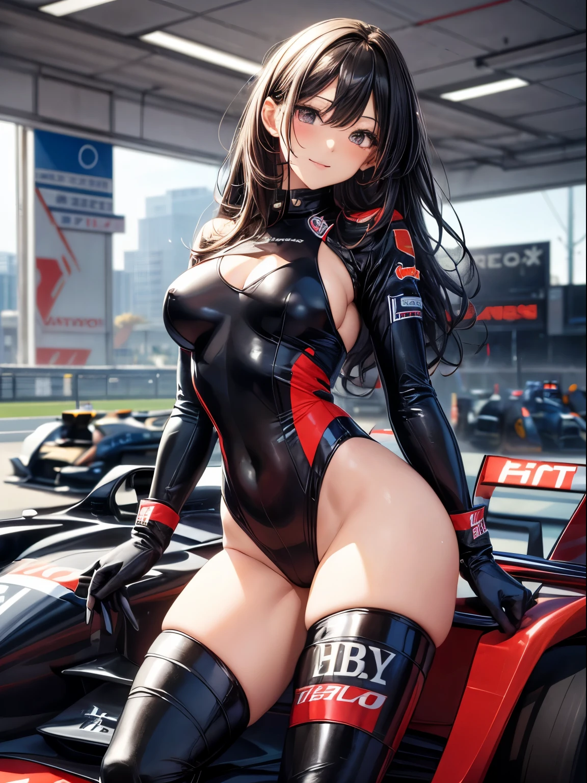 top-quality、Full limbs、complete fingers、((one beautiful women))、Beautiful busty woman、Women with straight hair、Woman with dark hair、A big smile、Race Queen Costume、Woman wearing red and black leotard with logo、Red Arm Cover、A woman wearing long black boots、Formula 1、F1 race、racing car、Naughty Poses、racing carに寄りかかる