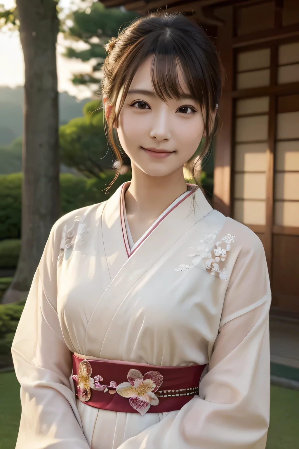 (Photorealsitic:1.4), (Top image quality:1.0), (超hight resolution:1.0), 8K, Raw photography, (masterpiece:0.2), (pureerosface_v1:0.5)、(Best Quality Detail:1.2)、realisitic、8K UHD、hight resolution、(1girl in:1.2)、The ultra-detailliert、High quality textures、intricate detailes、detaileds、非常detailedsなCG、High quality shadows、Detail Beautiful delicate face、Detail Beautiful delicate eyes、depth of fields、Ray traching,1girl in, japanaese girl, Cute, slender, Checkered kimono,Floral scrunchie, Beautiful skin, Facing the front,, Stand upright and say thank you,Align your hands elegantly,Smile faintly The Land of Japan,Japanese garden,Luxury Japanese-style room, skyporn, Magic Hour, (Realistic:1.3), 細かくdetailedsなプッシー, quality, (masutepiece:1.2), (Photorealsiticです:1.2), (Best Quality), (Intricate details), Dramatic, Ray tracing, photograph, +Lola
