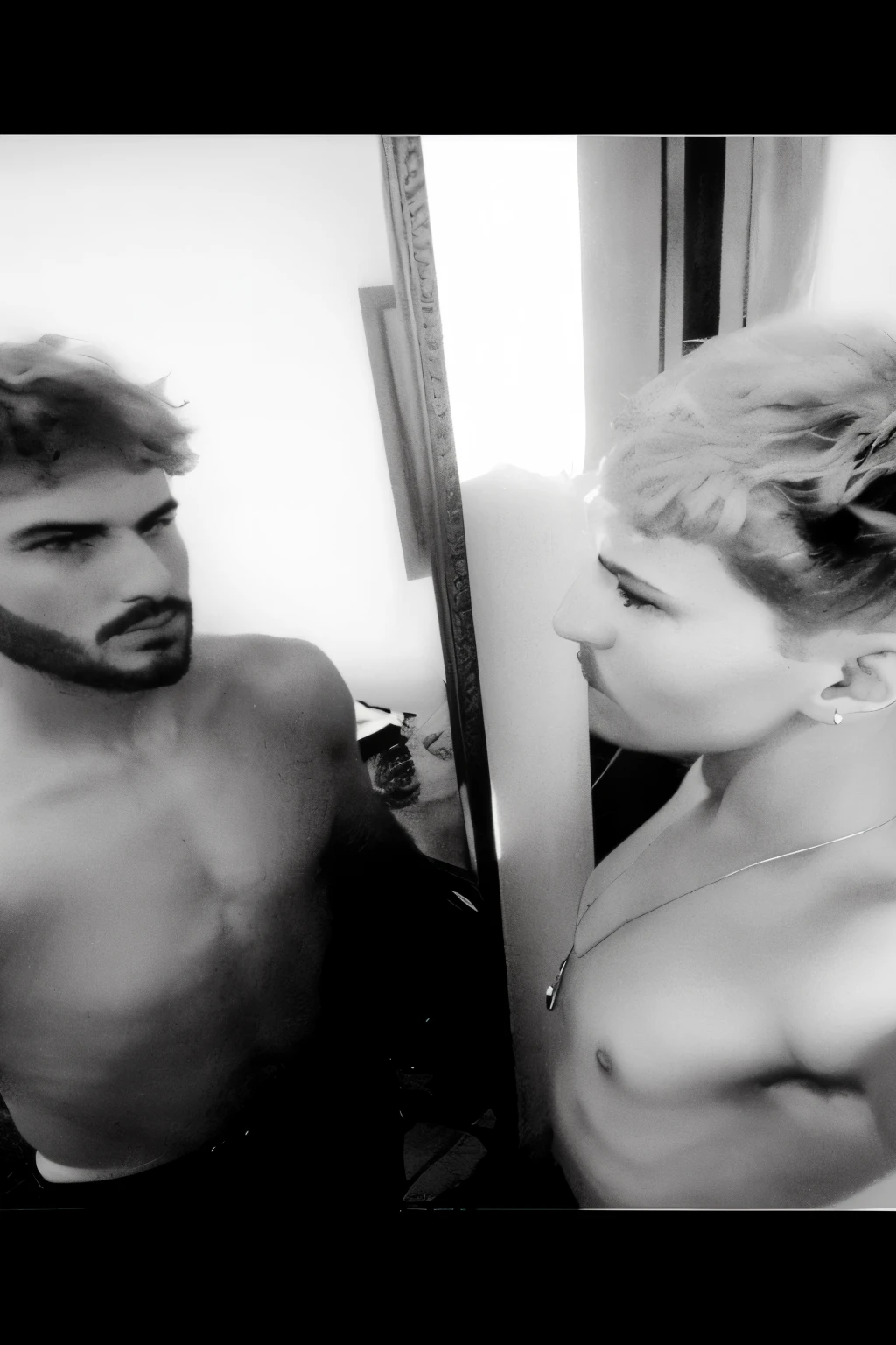 There is a man and a woman in front of a mirror, Directed by: Alexis Grimou, olhando um para o outro sem pensar, inspired by Antônio Parreiras, he got a big french musctache, Irritado com o espelho, Mert e Marcus, grainy monochrome photo, Nick Silva e Ilya Kuvshinov, Olhar no espelho