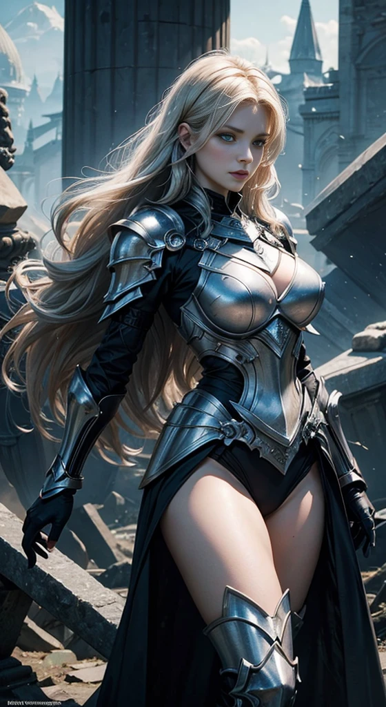 1 woman, mature woman, 30 years old, solo focus, blond wavy hair, fashion hair, light blue eyes, , toned body, intricate paladin armor, battle poses, masterpiece, ultra HD, raw photos, detailed skin textures, detailed face, detailed hair, detailed crown, perfect hands, dynamic angle.  Seraphina Shadowmere is a striking figure with flowing obsidian locks that cascade down her back, contrasting against her pale, porcelain skin. Her piercing indigo eyes hold a hint of both sorrow and determination, reflecting the weight of the cursed kingdom's plight. Standing tall and graceful, she moves with an ethereal elegance, almost as if the shadows themselves dance to her silent command.