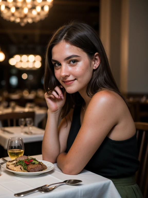 Realistic photograph, real beautiful woman, Caucasian woman, 24 year old woman, brunette, short wavy hair, brown eyes, skinny woman, smiling, restaurant booth, elegant dress
