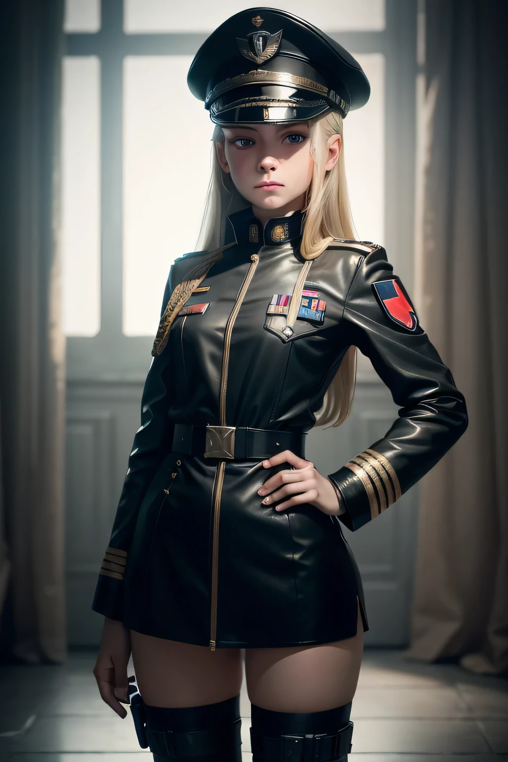 wearing a nazi black leather uniform,commander, military hat,, The whole body consists of a young girl with messy light blonde hair, eye makeup, , Cat ears, Soft lighting, Solo, Wearing a shabby, dirty, ragged futuristic military uniform, Cat's paw badge, Pose, Spot color, rendering by octane, Ultra-realistic intricate details, Cinematic, 8K resolution, 70mm, emphasis lighting, Global illumination, Full body portrait, clean detailed faces, complex clothing, Cute face, Flat chest, Slim waist, Slim legs, Small hips