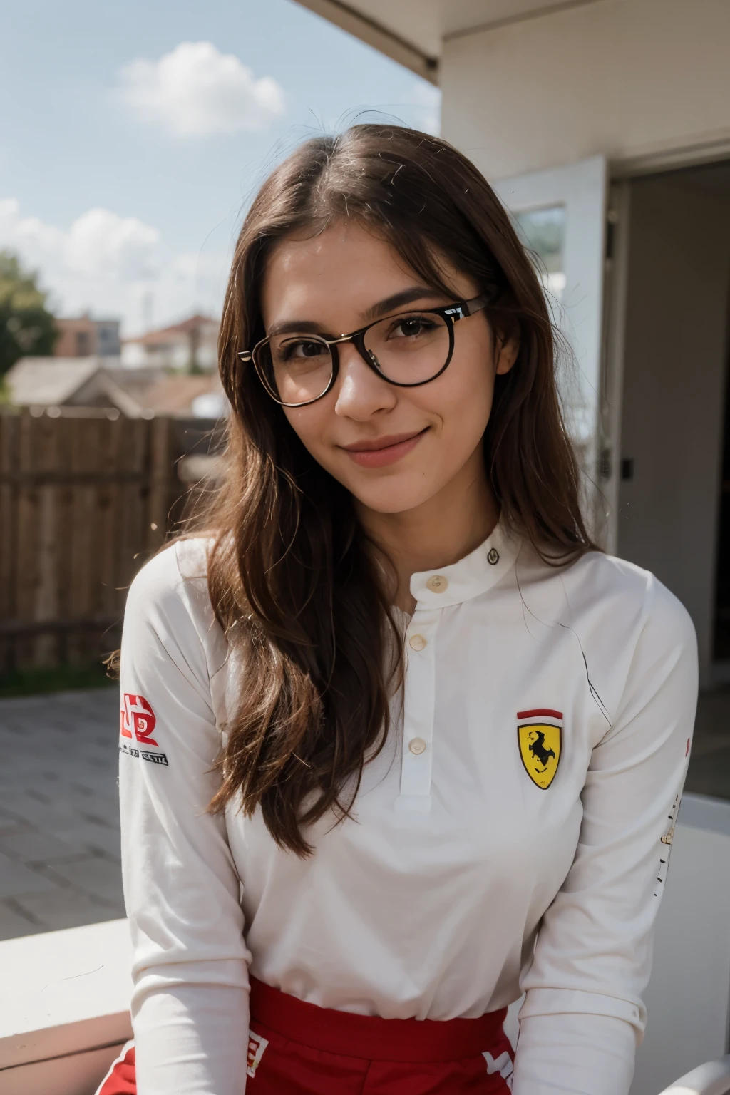 photography of a 20yo latina woman, perfect face, brown hair, glasses, flirty Smile, in Ferrari formula uniform
