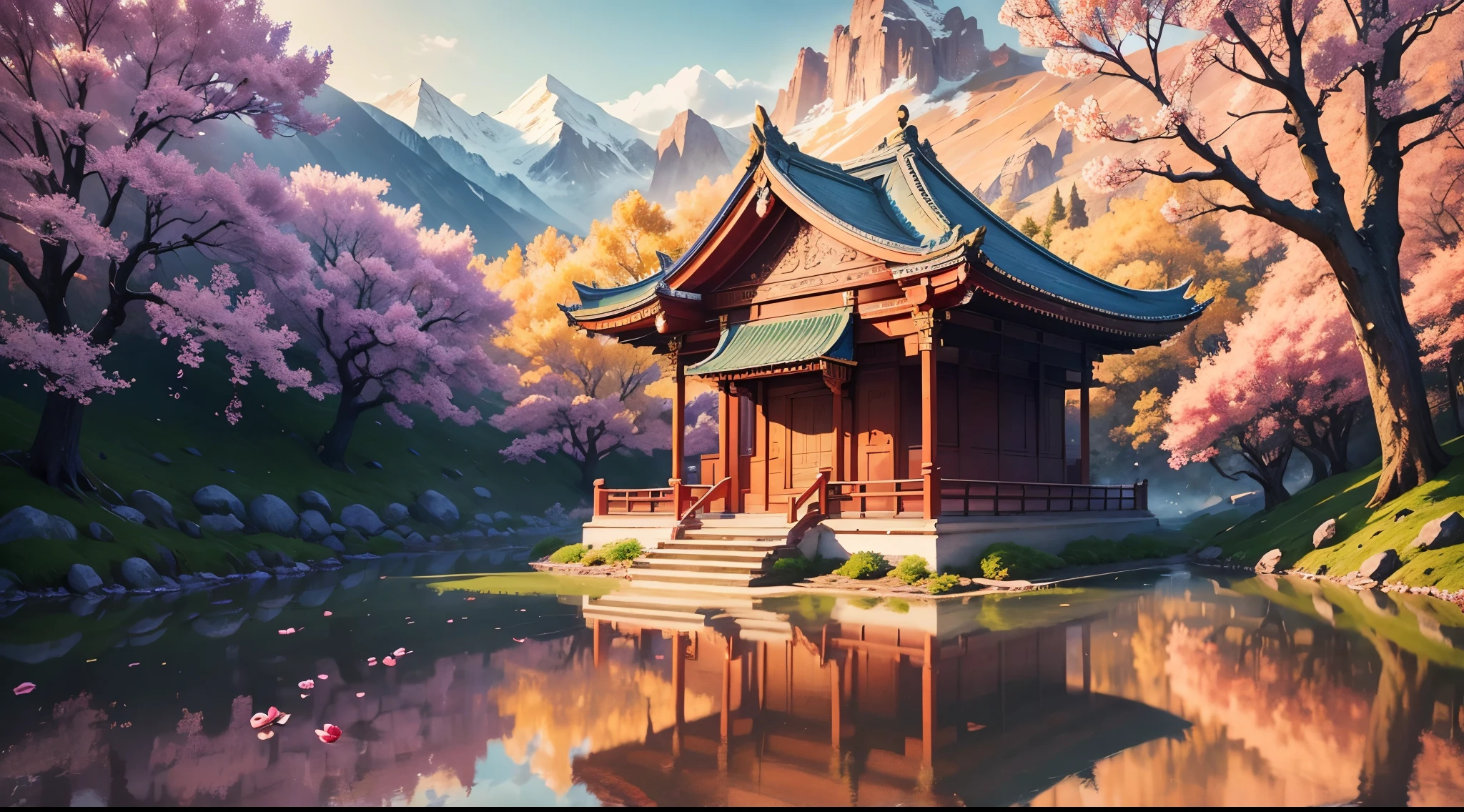 a temple surrounded by majestic mountains, adorned with towering cherry trees, magnificent oak trees, vibrant purple lotus flowers, and blooming red roses. The scene is bathed in soft, golden sunlight, casting a warm glow on the tranquil atmosphere. The temple stands as a symbol of serenity and spirituality, with its traditional architecture exuding a sense of grandeur and sacredness. Delicate cherry blossoms flutter gently in the breeze, creating a dreamlike ambiance. The oak trees, with their lush green foliage, provide a sense of strength and resilience. The purple lotus flowers, blooming gracefully in the temple's ponds, add a touch of elegance and tranquility. Meanwhile, the vibrant red roses, carefully tended to by devoted gardeners, infuse the scene with passion and love. The overall image is a masterpiece of nature's beauty, harmoniously blending various elements to create a serene and awe-inspiring sight. The high-quality, ultra-detailed artwork captures every intricate detail, from the delicate petals of the flowers to the fine textures of the temple's architecture. Colors are rich and vibrant, enhancing the visual impact and immersing viewers in the scene. The lighting bathes the entire scene in a warm glow, highlighting the beauty and tranquility of the temple in the mountains.