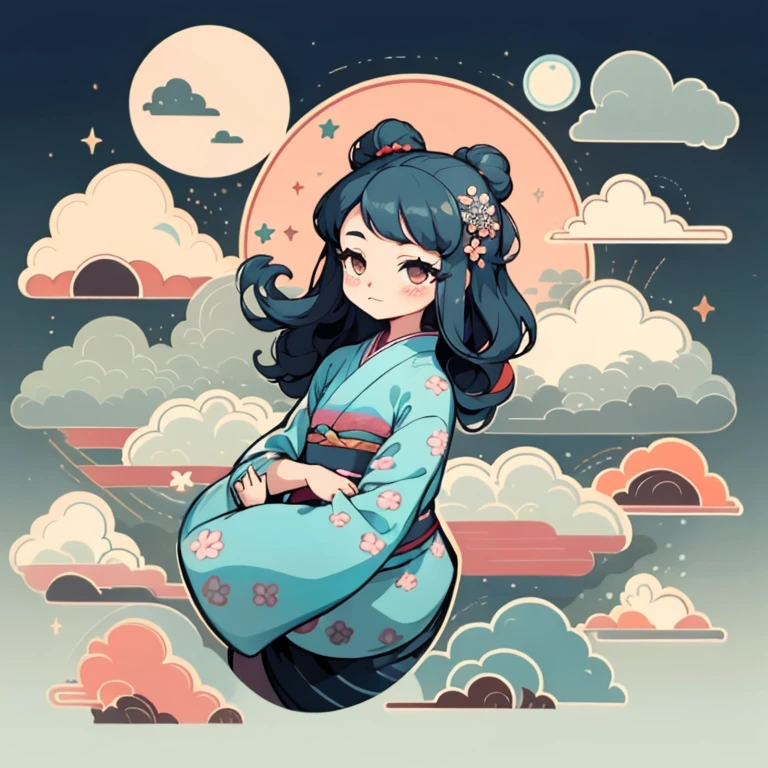 1sticker,a sticker, (Cute girl),(Gorgeous kimono),(gorgeous hair accessory),(Traditional Chinese hairstyle),SakuraNS,Clouds,Behind it is a huge round moon,stars, Flower sea background, adolable, Small, pastel colour, vectorstyle, No gradient long hair