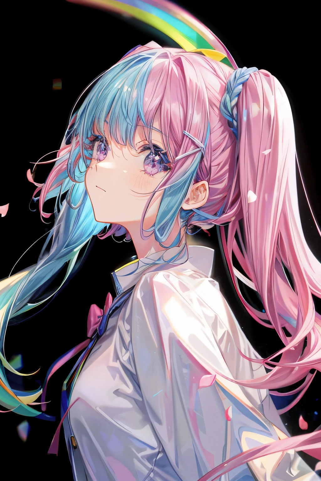 blue pink hair，The top of the hair is blue，The bottom is pink，long hair flowing，Big powder blue eyes，For thick coatings，At the back of the head there is a butterfly headdress as big as the head，Butterflies are blue-gold，Tang Wutong，Blue Tops，Purple-pink dress，shift dresses，Butterfly logo on the chest，White-pink sleeves，Large cuffs，There is a bracelet on the left hand，A butterfly rests on the index finger of the right hand，The left hand droops naturally，There are many butterflies around，Such as blue or pink，Female characters，Behind is a sparkling lake，The clouds in the distance appear bright gold or orange-gold，Sunset，The sunset is reflected in the lake，a sense of atmosphere，Medium saturation