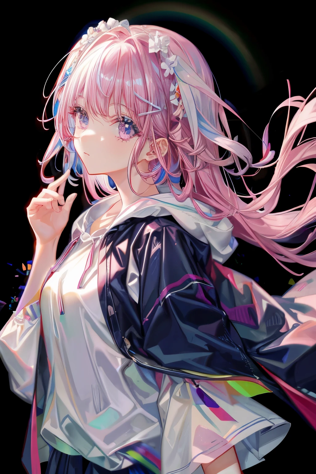 1人の女の子，Pechos grandes de color rosa，con fondo de color arco iris，