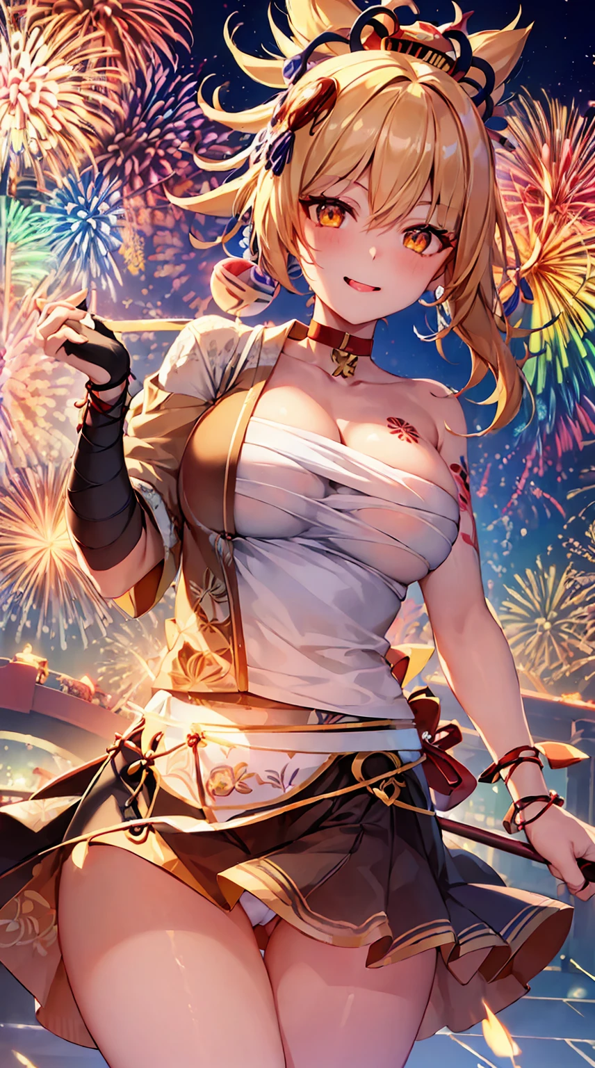 ((highly detailed)), genshin impact, yoimiya, perfect human hands, (great ??????:1.1),masterpiece, best quality, ultra-detailed, glistening shiny, glowing light, ray tracing, HDR, deph of field, (perfect face, detailed face, detailed eyes,perfect hands,perfect fingeredium ?????:1.2),8k,HD,ultra realistic face,ray tracing,perfect lighting,best quality, ultra-detailed, shiny eyes, (looking at viewer, tongue out, smile:1.1), ((1girl:1.2)),cowboy shot,thicc,streaked_hair,((yellow gradient hair)),multicolored eyes, gradient eyes, (glowing eyes:1.5), mascara, (fashion make up), parted lips,blush,????????,all fouriddle of japanese countryside,japanese bridge,over the bridge,fireworks,night,river,cherry trees,dark blue sky),((super detailed background)), dynamic poses, ((8k wallpaper)), (mature female), face up, ((new year outift))