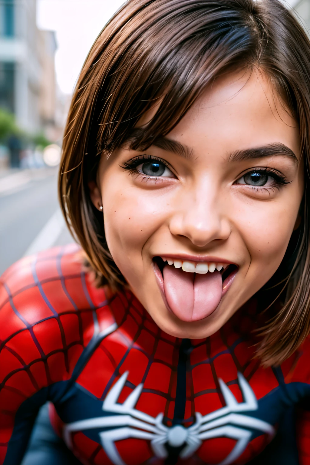 young girl, short brown hair, violet eyes, Spider-Man Form 2099, Smile, web, zipper, Masterpiece, hiquality((Close-up view of the face)), (ahegao), Kneeling, AW, s face, Open your mouth wide,  tongue sticking out, An enthusiastic look,  NSFW, Eyes roll back, Eye Up,