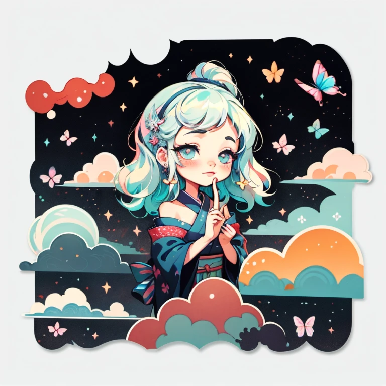 1 sticker, sticker, nikkaze, (cute girl), (gorgeous kimono), (gorgeous hair accessory), (Japanese traditional hairstyle), cherry blossoms, mountains, clouds, behind is a huge round moon, stars, white background, no background, simple background, minimal, cute, tiny, pastel color, vector style, no gradient, platinum white hair with blue streaks, glittery skin, piercings on lip and nose, seven color aura, milky way aura, Masterpiece, best quality, super high resolution, fluorescent color, full body high detail illustration drawing highest quality lovely colors that pop and dim lights smokey haze long hair strangs floating airy fluffy hair
1 girl, looking at the audience, beautiful face, beautiful eyes, (off-the-shoulder: 1.2), head up, upper body, forest, shiny hair, shiny skin, glowing cut, chibi, finger scale coordination, black starlight dress, particles, glowing butterflies, stars and sparkles
