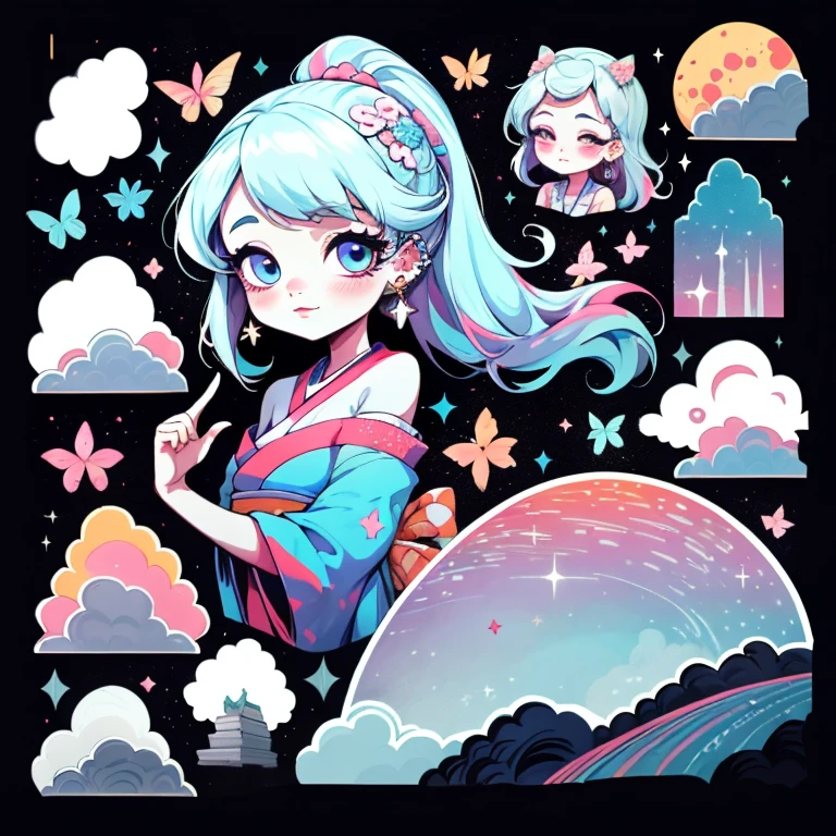 1 sticker, sticker, nikkaze, (cute girl), (gorgeous kimono), (gorgeous hair accessory), (Japanese traditional hairstyle), cherry blossoms, mountains, clouds, behind is a huge round moon, stars, white background, no background, simple background, minimal, cute, tiny, pastel color, vector style, no gradient, platinum white hair with blue streaks, glittery skin, piercings on lip and nose, seven color aura, milky way aura, Masterpiece, best quality, super high resolution, fluorescent color, full body high detail illustration drawing highest quality lovely colors that pop and dim lights smokey haze long hair strangs floating airy fluffy hair
1 girl, looking at the audience, beautiful face, beautiful eyes, (off-the-shoulder: 1.2), head up, upper body, forest, shiny hair, shiny skin, glowing cut, chibi, finger scale coordination, black starlight dress, particles, glowing butterflies, stars and sparkles