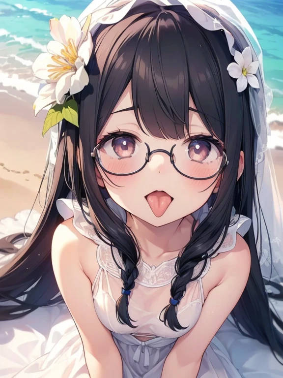 ultra-detailliert, Best Quality, hight resolution, moe-anime, ((A cute girl with black hair and droopy eyes wears round glasses.)), Pretty eyes, Detailed eye depiction, Eye sparkle, Looking at Viewer, pale skin, (((Petite))), (big eye:1.5), a smile, Focus on the face, in beach, On all fours, (super close up of tongue), (((from above))), open mouth, (((face only:1.3))), ((sheer white wedding dress)), nsfw, Nipples are showing through, Bright eyes