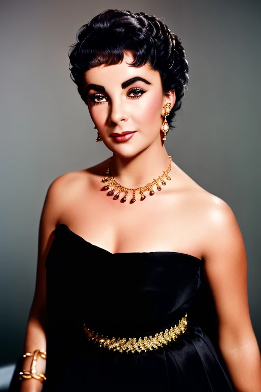 Elizabeth Taylor dressed in traditional Greek clothing wearing lipstick and smiling