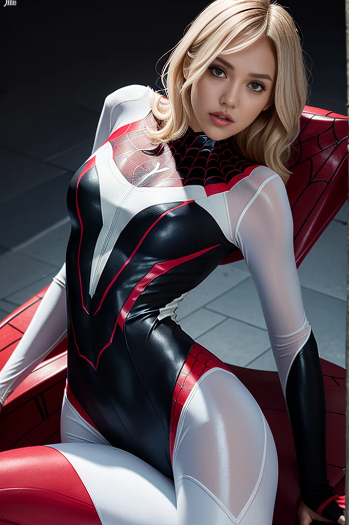 spider gwen, Hot, partial , hightquality, Dynamic Poses, Beautiful, Gorgeous, In love,Short suit, spider in a suit, white black red suit、jessicaalba