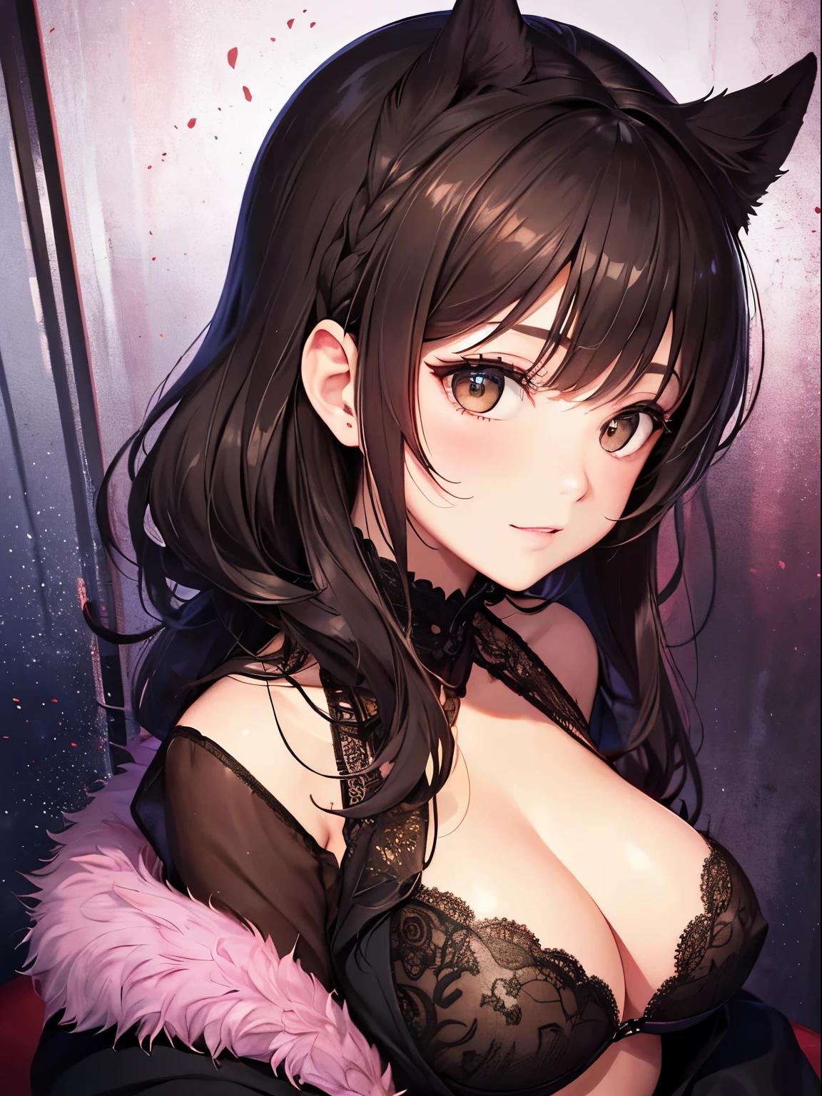 (highest qualityr: 1.3)、(obra maestra: 1.3)、(El ultra-detailliert: 1.3)、(muro-, una chica carece de sujetador:1.3)、(Mini falda acampanada negra:1.3)、(pantimedias marrones:1.3)、pajarita roja、(brown hair:1.3)、cabello mediano、poneyTail、(hermosos pechos grandes:1.3)、Lujosa sala de estar、smil、sexypose、Luxury sofa、sit down、ruboroso