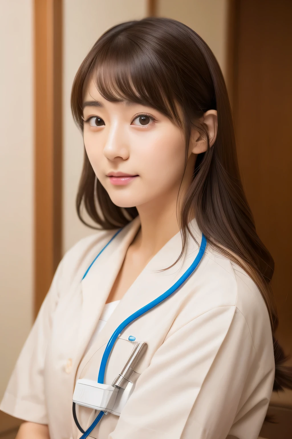 4K、Raw photo、Photoreal Stick、hight resolution、Cute 25 year old woman in Japan , Face like an idol、Brown hair long hair、With bangs、skin tanned、Tan Cute Real Photo Girl、、Nurse、Nursing homes、Looking at the camera
