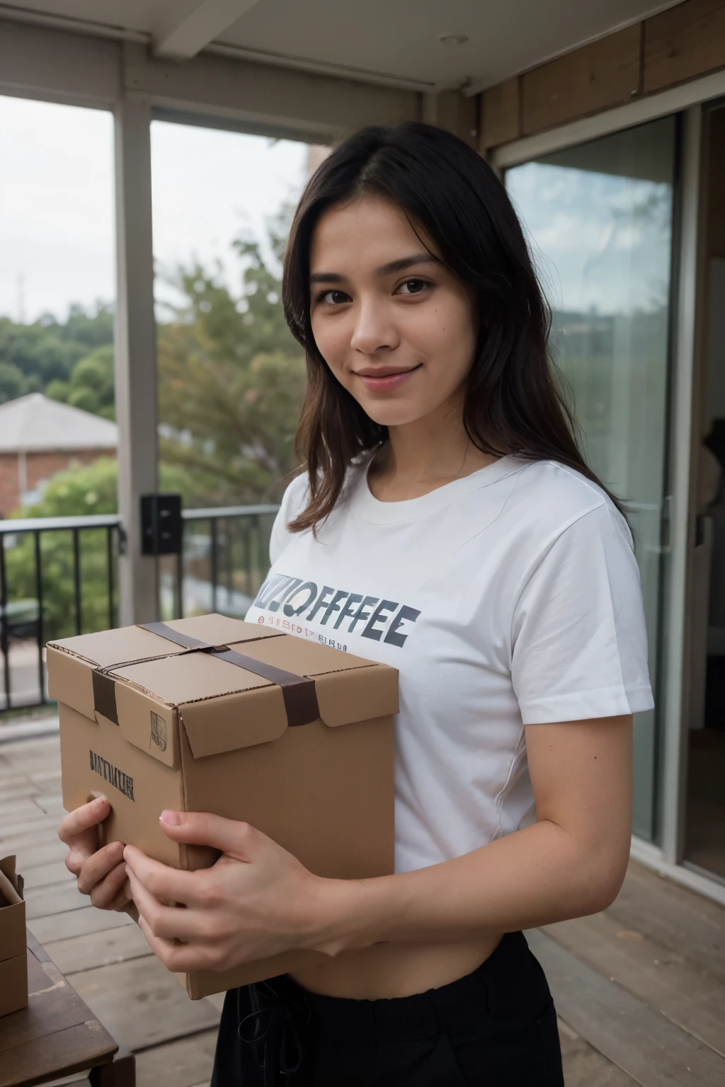 (top-quality,8K picture quality,masterpiece:1.3),(A high resolution,Photorealsitic:1.4,Raw photography),(ultra-detailliert,Caustics,Detailed background),(Ultra-realistic capture,Beautifully detailed skin,perfect anatomia),at a big house,Clear sky,movers truck,porch ground area,30year old,handsome malay,Single eyelid,Black hair short messy,Movers Uniform,Looking away from camera carrying stuff,A smile,thinking of future,natural soft light,coffee lover,male