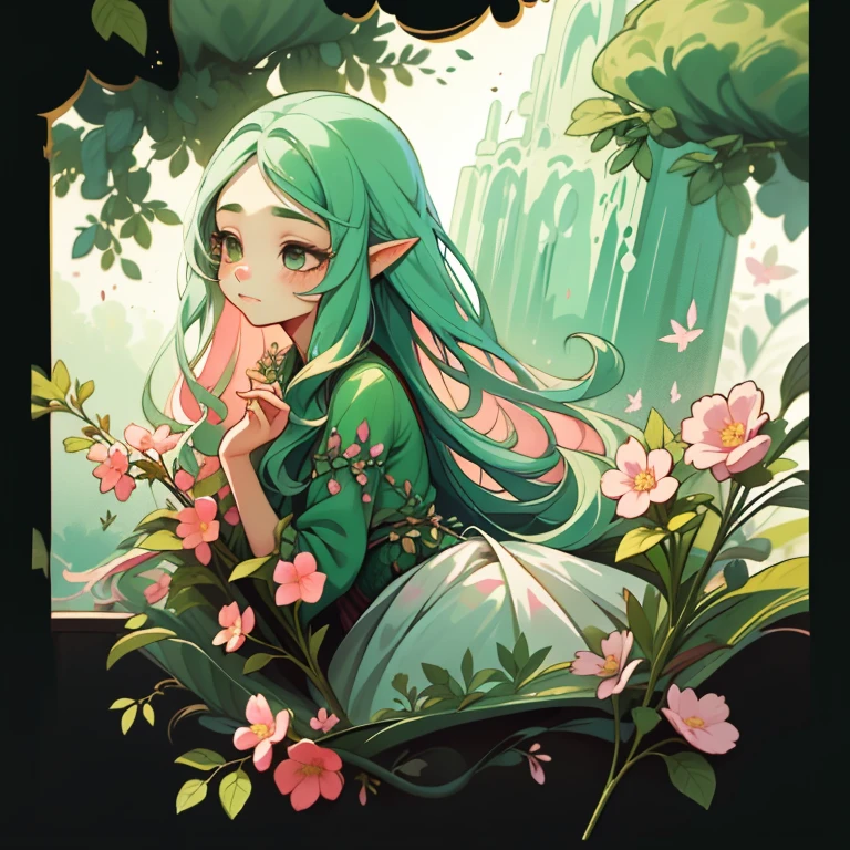adesivo,1girl, fundo simples, retrato, girl with long hair, beautiful flower girl, flower aesthetic, beautiful girl, very beautiful fantasy art, beautiful and elegant female fairy, beautiful detailed fantasy, green and pink color palate, green color-theme