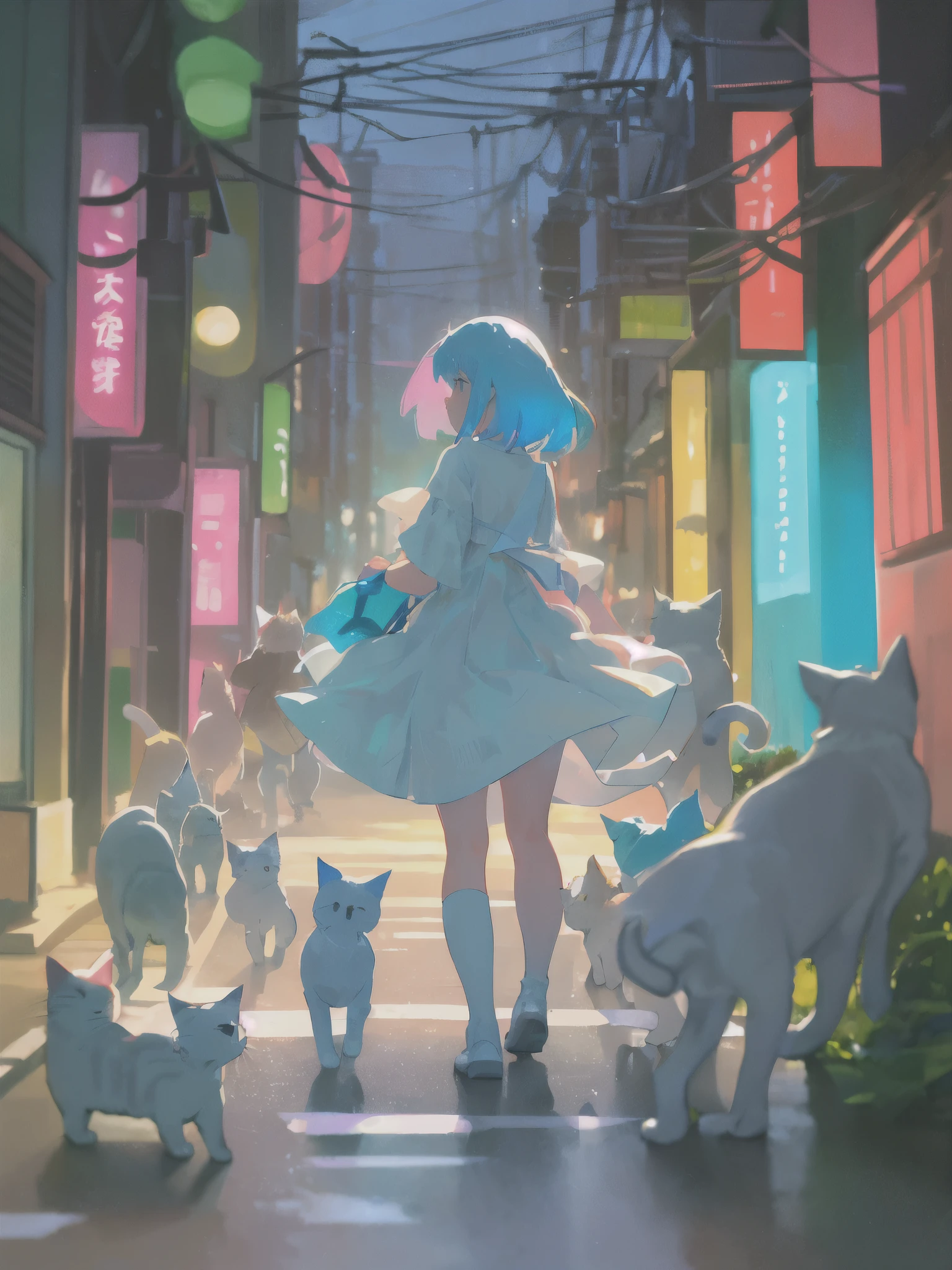 High Resolution, ultra detail, analogue photography, Vivid colors, soft focus, light leakage, dreamy atmosphere, A girl in a white dress walks along the street of Tokyo., there are 100 colorful cats around her, 100 cats of different colors follow a girl around the city, blue soft light